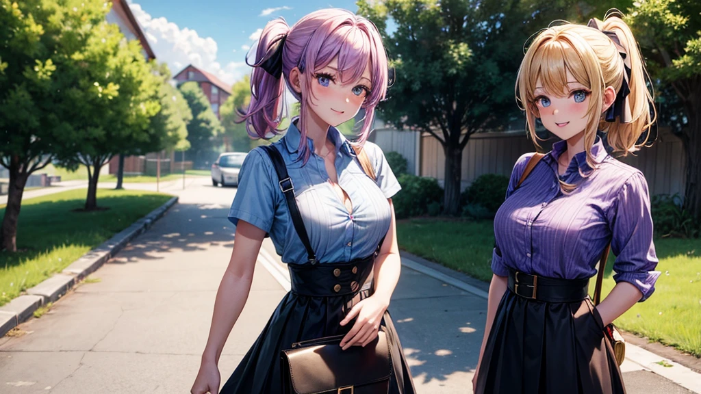 2girls, summer, village, trees, sun, clouds, ((colorful hair)), ponytail, large breasts, button down, blue eyes, ((purple shirt)), ((unbuttoned shirt)), unbuttoning buttons, popping buttons, ((short sleeved shirt)), black mini skirt, brown shoes, grin, looking at the viewer, standing, hair ribbon, cleavage, golden necklate