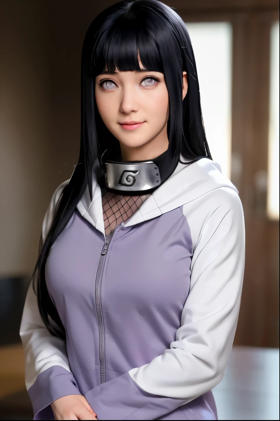  Create an image of Hinata Hyuga from "Naruto" , Picture a character with sleek black hair and bangs, giving a casual salute. They're wearing a modern, zip-up hoodie in shades of grey and lilac, with a distinctive logo on the upper arm. Underneath, there's a fishnet layer over a crisp white collared shirt,wearing a headband around the neck with the typical Konohagakure symbol, suggesting a blend of casual wear with a touch of unique styling. The pose exudes confidence and a playful attitude, as they stand in a cozy interior, hinting at a story behind their casual uniform, The overall impression is of a friendly, approachable individual, whose smile is subtle yet inviting, standing confidently with a sense of quiet self-assurance, byakugan eyes,(ultra detailed), (8k, intricate), (85mm), light particles, lighting, full body, (highly detailed:1.2), breast focus, (gradients), sfw, colorful, (detailed background), (rule of third_composition:1.3), (Line of action:1.2), daylight, solo