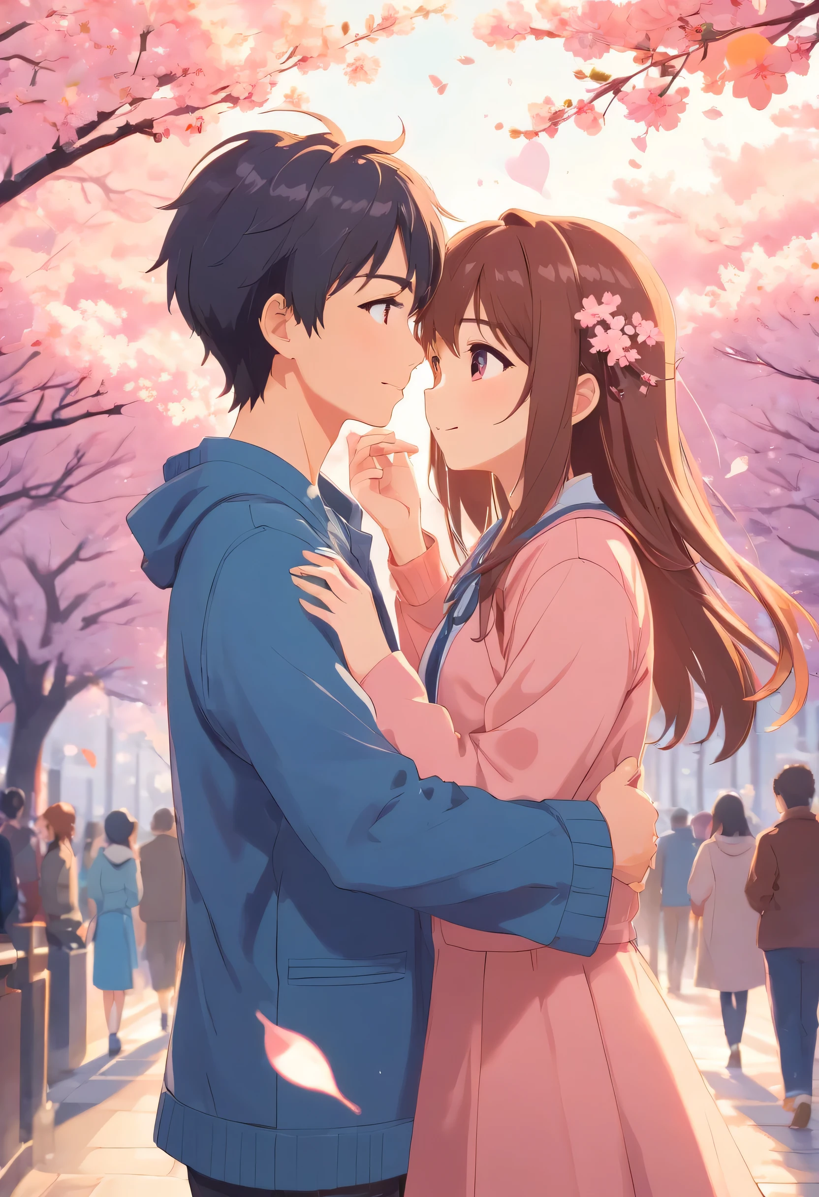 Young couple deeply in love, Both with bright smiles, Capturing the essence of romance. Your face is close, Their expressions full of joy and affection. middle: photography. style: Inspired by soft feelings, The dreamy aesthetic of Japanese shoujo manga illustrations. light: golden hour, give a warm glow to the face. colors: Soft pastels with dominant shades of pink and peach., reminiscent of cherry blossoms. composition: photographed on a Canon EOS R5, RF 50mm f/1.2L USM lens, Resolution 45 megapixels, ISO sensitivity: 100, Shutter speed 1/200 seconds, Use shallow depth of field to blur the background and highlight the face.. --Includes 16:9 - 5 o'clock.1 --style 원시 --q 2 --s 750