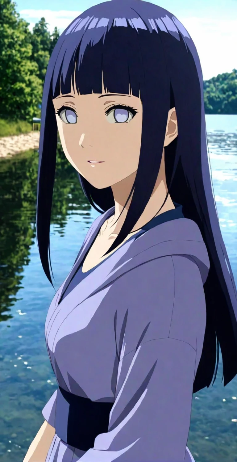 close-up from side, (30 years old adult-Hinata) walk next to lake, [enchanting, surreal, studio lighting, HDR, UHD, K]