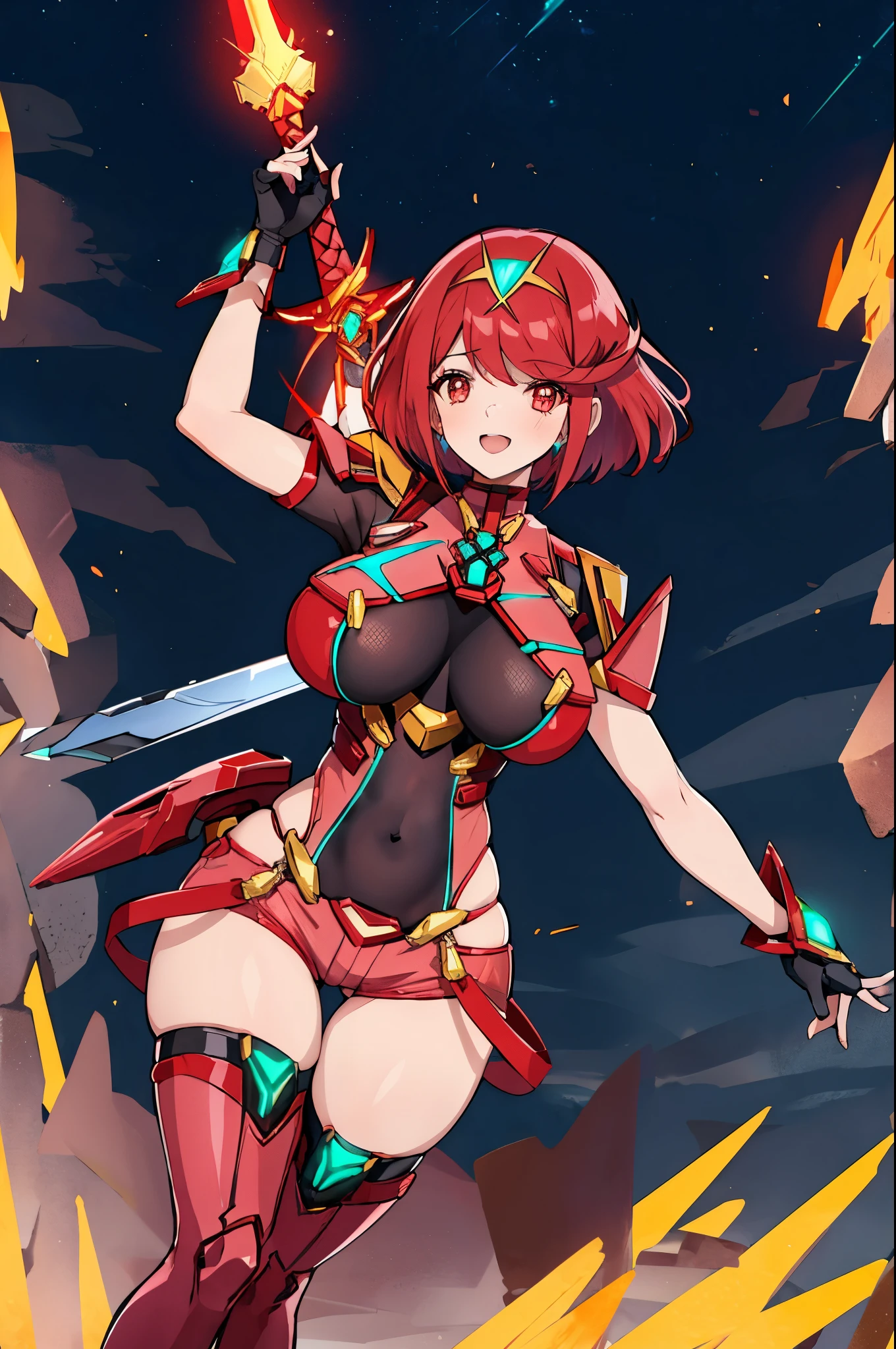 pyra \(xenoblade\), young_teen_1girl, armor, bangs, black gloves, breasts, red eyes, closed mouth, earrings, eyelashes, fingerless gloves, floating hair, framed breasts, gem, gloves, hair ornament, headpiece, jewelry, big_breasts, leaning back, leotard, neon trim, official art, pose, red hair, red shorts, saitou masatsugu, short hair, short shorts, short sleeves, shorts, sidelocks, skin tight, solo, standing, swept bangs, thighhighs, tiara, night_prairie_background, turtleneck, underbust, vambraces, xenoblade chronicles \(series\), (xenoblade chronicles 2), apart_legs, fire_effect,dynamic_pose_fighting,light_smile, (plump:1.1), big_ass,huge_sword, hold_large_sword_hilt, solo, covered_nipples, covered_pussy,open_mouth,back_view,