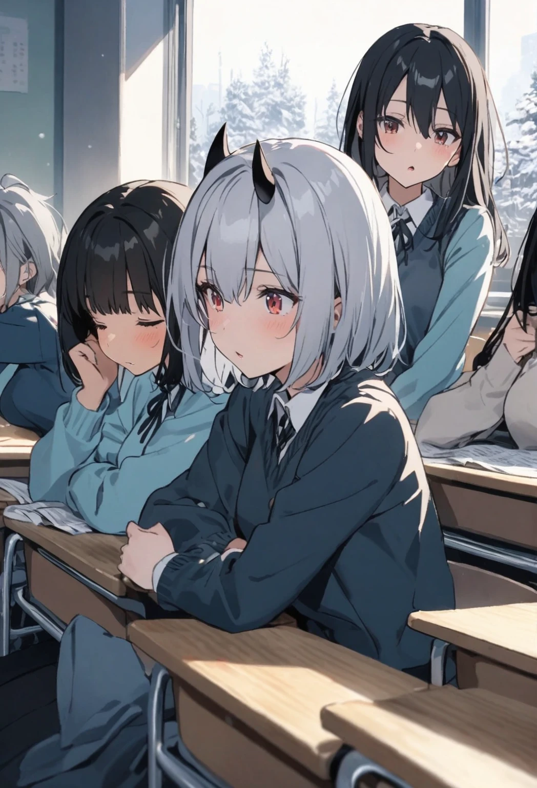 Three girls (one is black haired short hair, one has black long hair, one has horns and silver short hair) chilling in class, winter season, warm ambience.