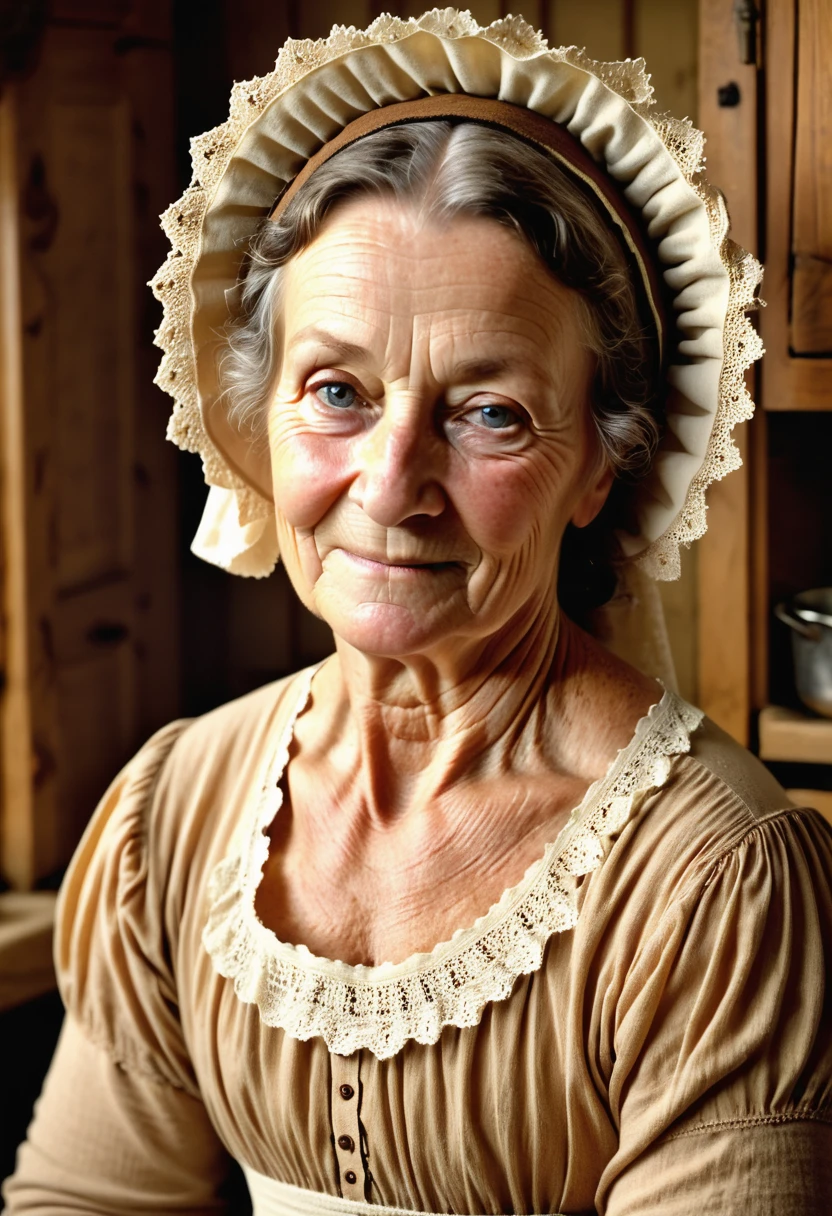 (highly detailed, soft light, photorealistic, dynamic light; cinematic; close up); victorian era; 1820s; 66 years old woman; English; 1820s housekeeper; homely sweet face; robust; ruddy skin; blue eyes, squinting slightly; wearing 1820s modest housekeeper beige-white dress and matching bonnet; wearing 1820s brown woolen shawl around her shoulders; sitting in warm cosy 1820s kitchen in a simple log cabin; looking at camera