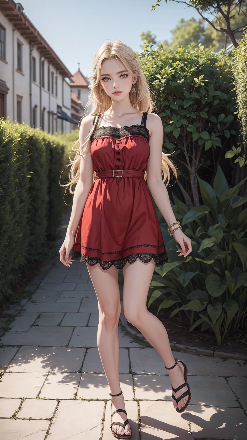 ((最high quality, 8K, masterpiece: 1.3, Ultra HD, high quality, 最high quality, High resolution, realism)) 、(high color saturation:1.0), (highly detailed skin), (最high quality:1.0), (超High resolution:1.0) ,(realistic:1.0), (Super detailed:1.0), (8K, Raw photo:1.1), slender、Slender, muscular body that&#39;s toned like an athlete&#39;s、I don&#39;t want my head to disappear from the screen.、Accessorize your wrist、Wearing red nail polish、I have a peticure、25 year old white woman、platinum blonde、blue eyes、long hair、hair above one eye、smile、skater dress((skater dress))wear、wear lace-up sandals、In a palace courtyard with flowering hedges、enjoy tea time