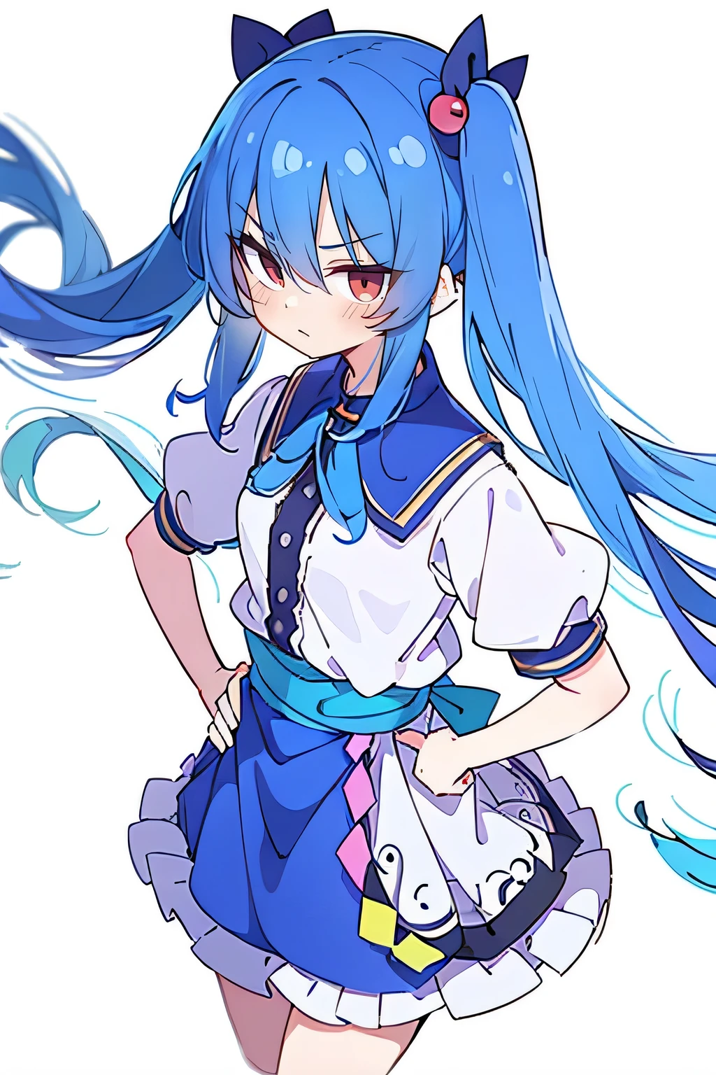 (masterpiece),best quality, expressive eyes, perfect face, 1girl,
 Put your hands on your waist,fair, Gorgeous,Japanese cartoons,girl,lola,Hina Angel, blue hair, blue haired, floating clothes,Grab your waist, Grab your waist, hands on hips , hands on hips,sit, sit on ground, Legs on the ground, flat chest