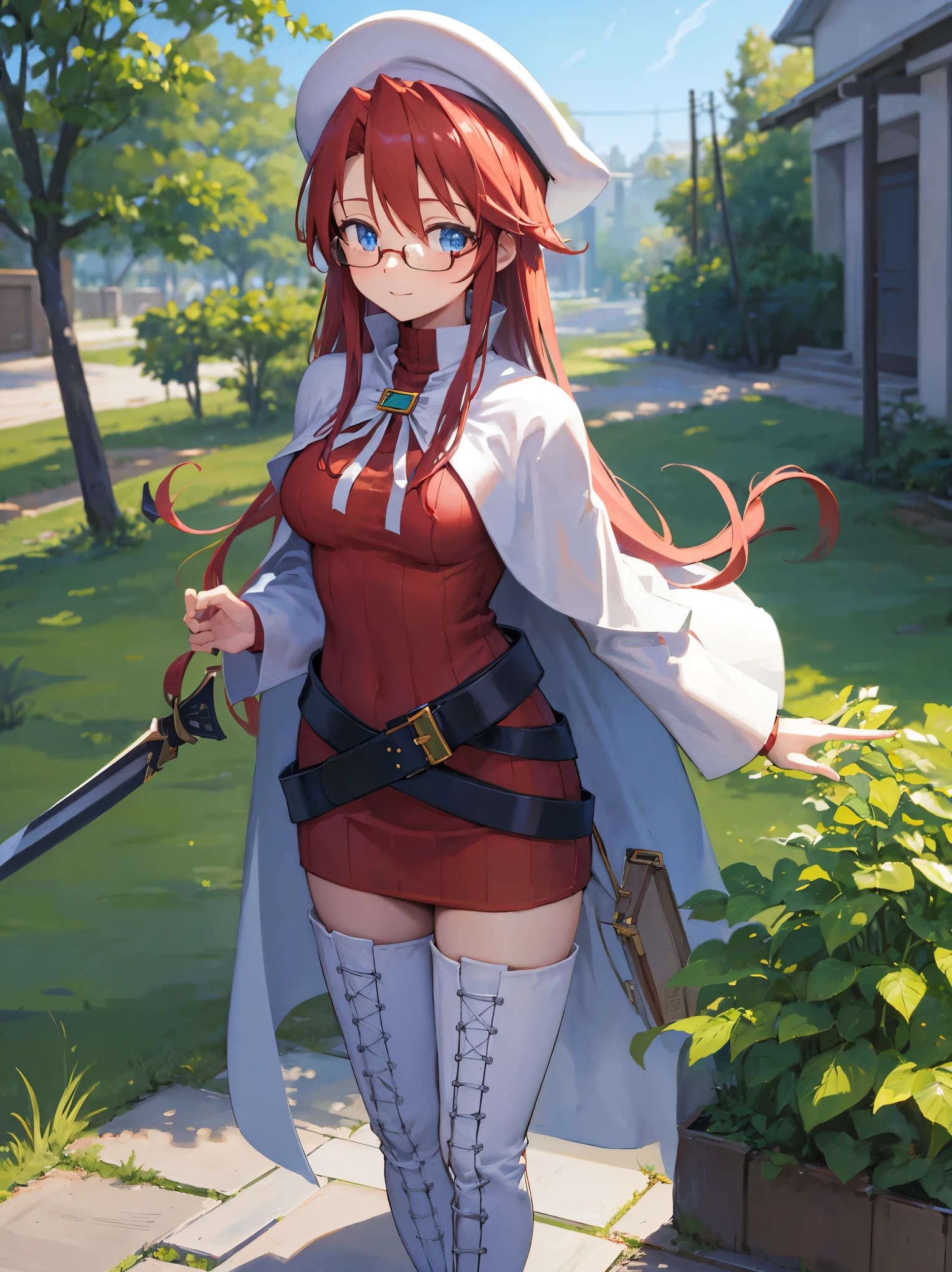 summonnightaty, aty, long hair, blue eyes, red hair, beret, hat, glasses,
BREAK long hair, thighhighs, hat, dress, boots, glasses, belt, cape, sweater, zettai ryouiki, beret, thigh boots, white footwear, ribbed sweater, loose belt,solo,
BREAK outdoors, fantasy_town,
BREAK (masterpiece:1.2), best quality, high resolution, unity 8k wallpaper, (illustration:0.8), (beautiful detailed eyes:1.6), extremely detailed face, perfect lighting, extremely detailed CG, (perfect hands, perfect anatomy),covered_nipples,covered_navel,light_smile ,(half_eyes:1.4),sword,armpit,sleepy,dynamic_standing,barrel,red_sweater,apart_legs,magical_effect,