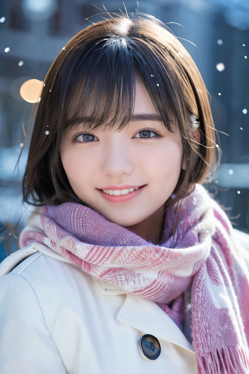 (highest quality、masterpiece、8K、best image quality、hyper realism、Award-winning work)、1 girl、(An elegant heavy winter coat:1.1)、(perfect pink scarf:1.1)、Soft and delicate light、dramatic lighting、Romantic snowy night city、Romantic Christmas illuminations、Beautiful night view of the snowy city、the biggest smile looking at me、fine sparkling snow、Beautiful snow reflecting light、Diamond dust、(Tyndall effect:1.1)、beautiful snow scene、(It&#39;s snowing:1.1)、(snow in hair:1.1)、accurate anatomy、(close up of face:1.1)、A beautiful lipstick with a glossy, natural color、natural makeup、glossy lips、Ultra high definition glossy skin、Ultra-HD radiant, beautiful skin、Milky white moisturized skin、beautiful skin glow、超高精細のglossy lips、Super high-definition sparkling eyes、Super high definition beautiful perfect teeth、Show your beautiful teeth and smile big