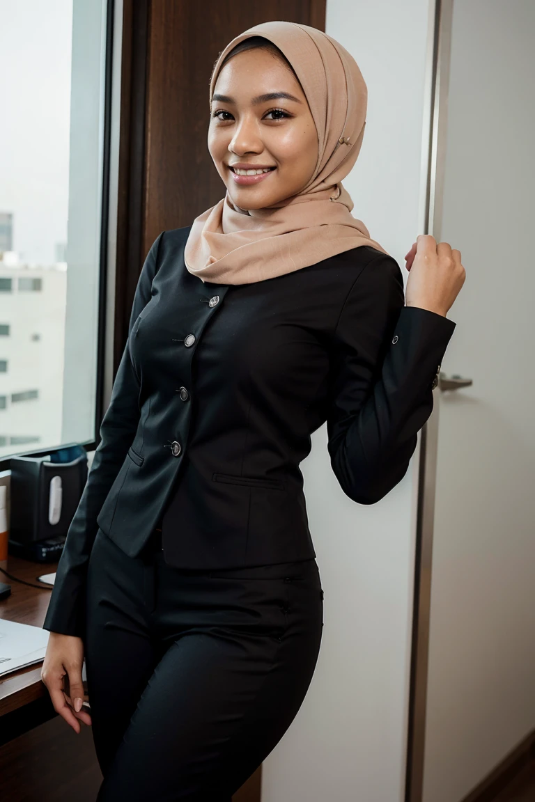 Nude 24 year old age malay woman with hijab,wearing office suit,tight pants,closed mouth,smiling