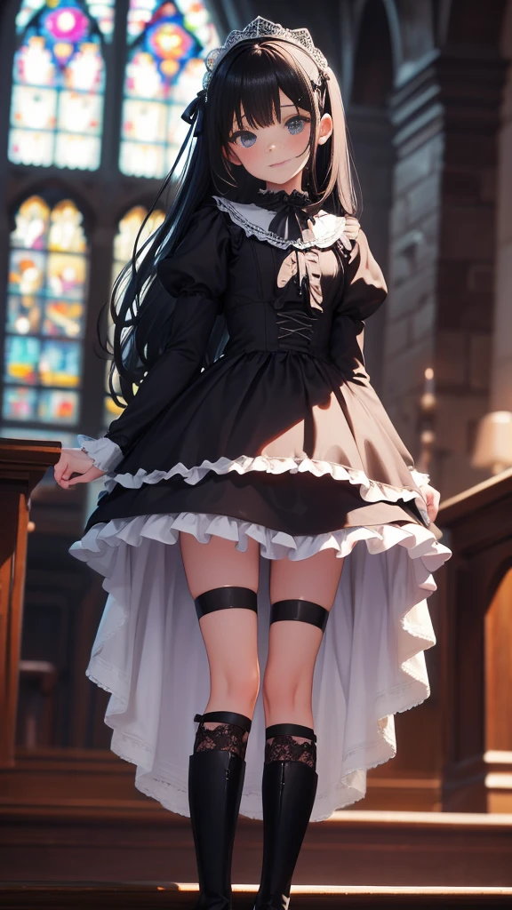 masterpiece,4K,best quality,high resolution,reality,1 innocent and cute little girl,15 years old,In the Gothic church,stand,Gorgeous black lolita,Black leather boots,Black lace over-the-knee socks,slender legs,looking at the audience,long hair,little devil hairpin,long eyelashes,double eyelids,blur background,blush