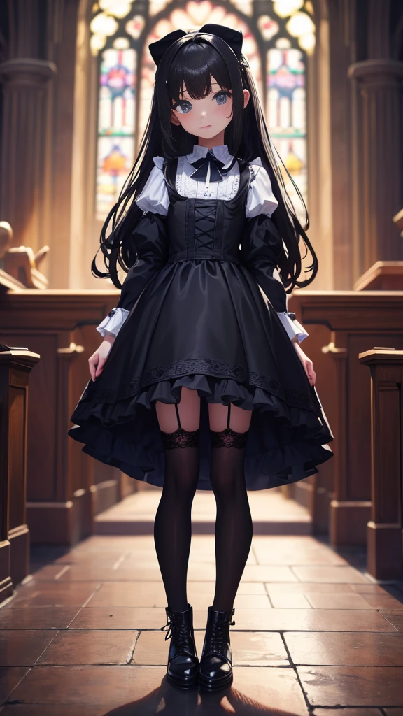 masterpiece,4K,best quality,high resolution,reality,1 innocent and cute ,15 years olhic church,stand,Gorgeous black lolita,Black leather boBlack lace over-the-knee socks,slender legs,looking at the audience,long hair,little devil hairpin,long eyelashes,double eyelids,blur background,blush