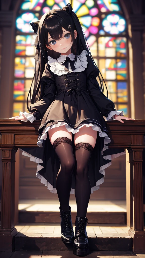 masterpiece,4K,best quality,high resolution,reality,1 innocent and cute girl,15 yeae Gothic church,stand,Gorgeous black lolita,Black leather boots,Black lace over-the-knee socks,slender legs,looking at the audience,long hair,little devil hairpin,long eyelashes,double eyelids,blur background,blush