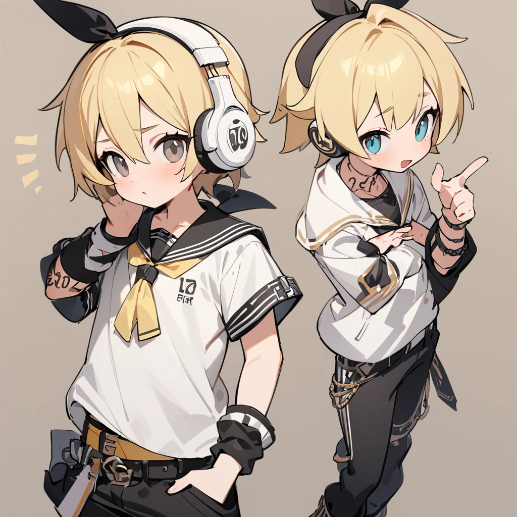 #Quality(8k,best Quality, Masterpiece,Very detailed),Single,Kagamine Lin\(com.vocaloid\),#1 boy(cute,cute,small ,Kagamine Lin,Blonde hair, Tattoo numbers,White short sleeve shirt, Black arm bell sleeves,belt, Sailor collar, White headphones,Black pants,Half pants,Black leg warmers,pay off,Contraposto poses),#background(,basic,),Len is great