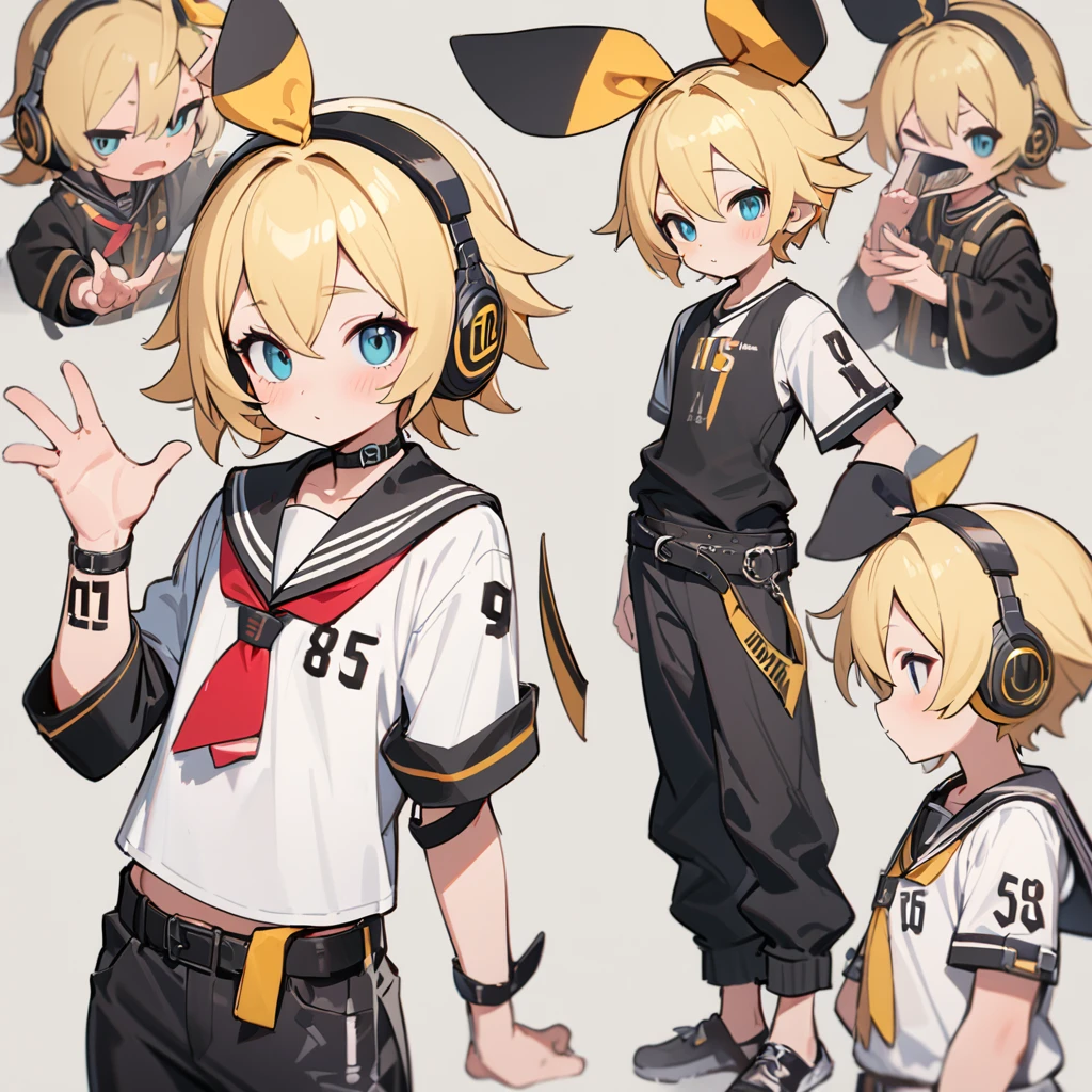 #Quality(8k,best Quality, Masterpiece,Very detailed),Single,Kagamine Lin\(com.vocaloid\),#1 boy(cute,cute,small ,Kagamine Lin,Blonde hair, Tattoo numbers,White short sleeve shirt, Black arm bell sleeves,belt, Sailor collar, White headphones,Black pants,Half pants,Black leg warmers,pay off,Contraposto poses),#background(,basic,),Len is great