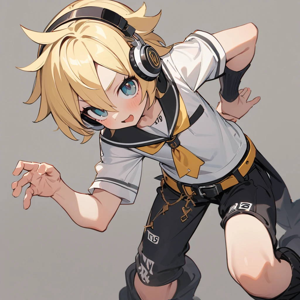 #Quality(8k,best Quality, Masterpiece,Very detailed),Single,Kagamine Lin\(com.vocaloid\),#1 boy(cute,cute,small ,Kagamine Lin,Blonde hair, Tattoo numbers,White short sleeve shirt, Black arm bell sleeves,belt, Sailor collar, White headphones,Black pants,Half pants,Black leg warmers,pay off,Contraposto poses),#background(,basic,),Len is great