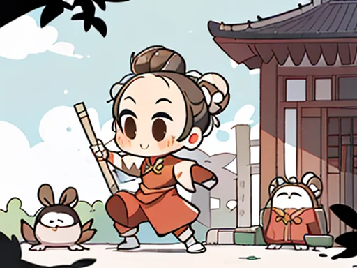 (attached),#Quality(8k,أفضل Quality,Masterpiece,Cinematic),Single, #1 girl(cute, kawaii,ddler,blown hair,Hair bun,Classic Chinese costume,Brown eyes,big eyes,Practice kungfu,Kungfu fighting stance),#background(Shaolin Temple,Great Chinese temple),Long stroke