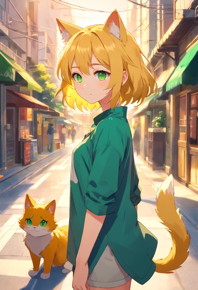 Full body appearance furry catgirl with golden yellow hair and green eyes beautiful