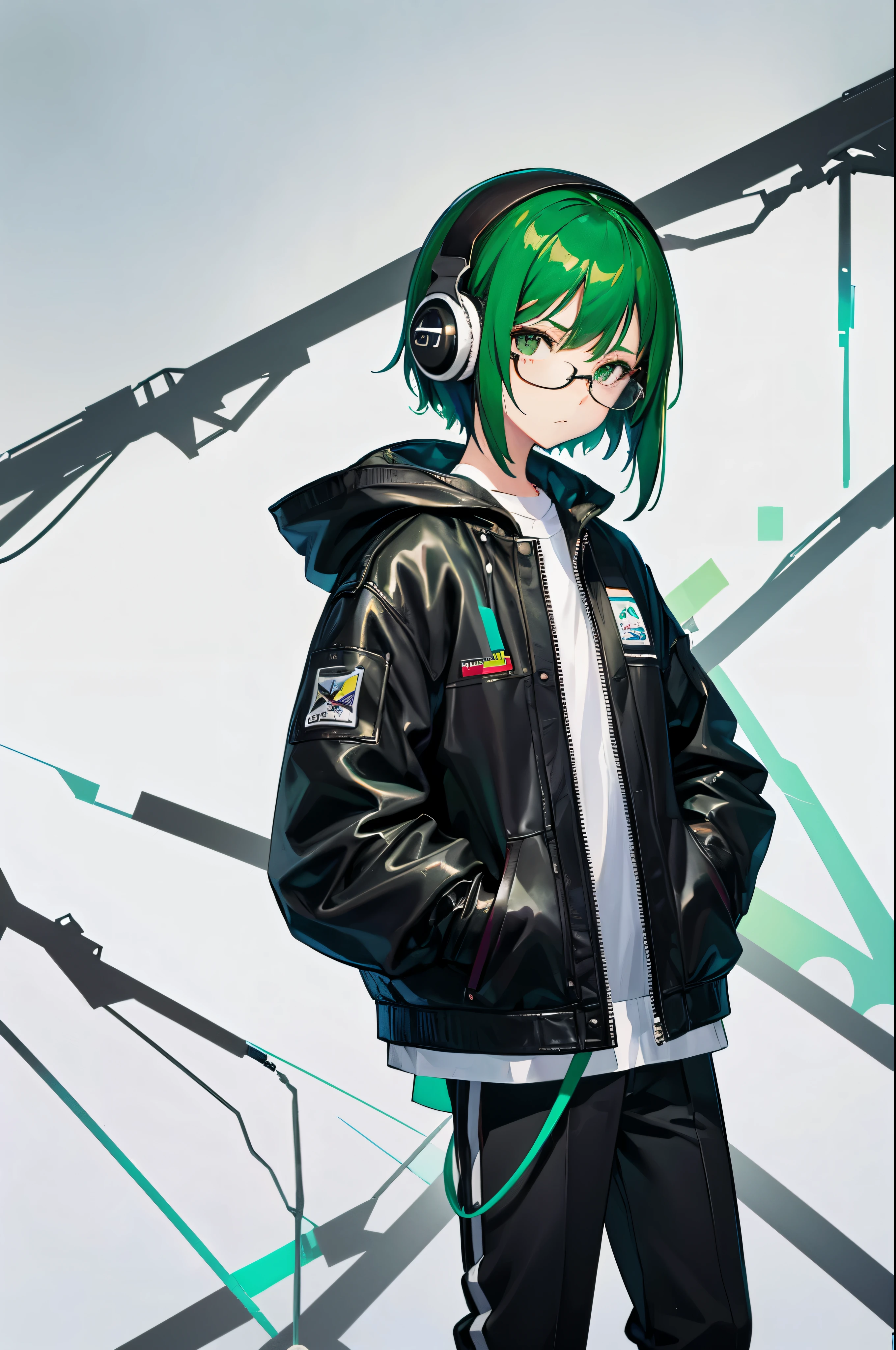 stand facing forward、Standing picture、white background、beautiful girl、one person、highest quality、Dark green hair color、boyish、short hair、black glasses、Stinking eyes、Three white eyes、grumpy face、headphones、black clothes、black long pants、leather jacket、white inner、bootasterpiece、8k、perfect anatomy、