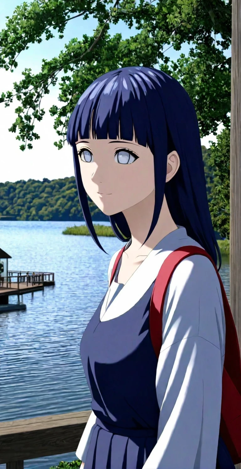 close-up from side, (30 years old adult-Hinata) walk next to lake, [enchanting, surreal, studio lighting, HDR, UHD, K]