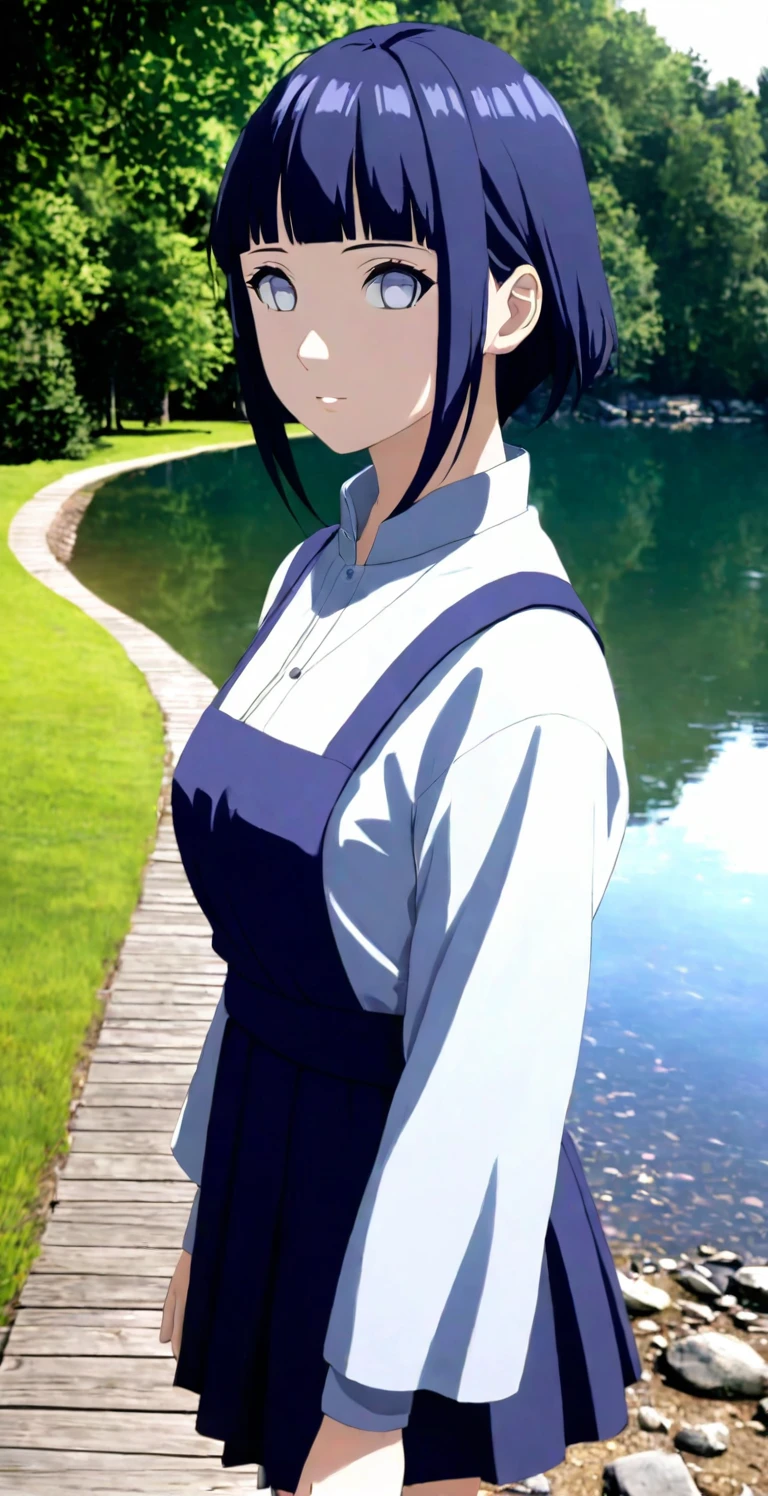 close-up from side, (30 years old adult-Hinata) walk next to lake, [enchanting, surreal, studio lighting, HDR, UHD, K]