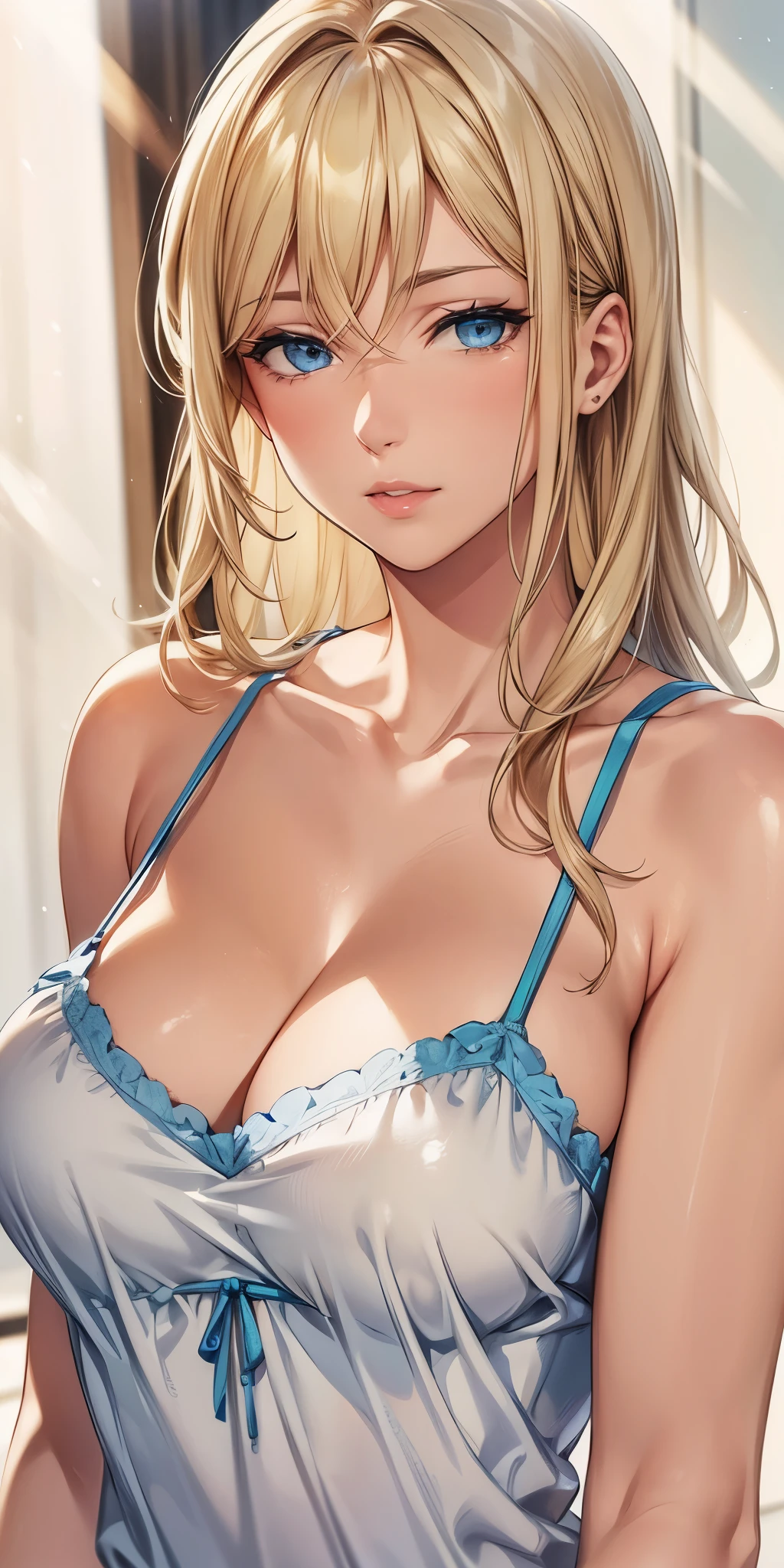 portrait, realistic, blue eyes, blonde hair, big breast, 4k resolution, high quality cg, beautiful cg, soft light,