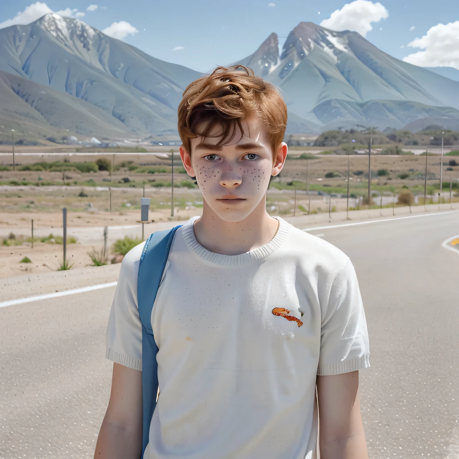 17 year old boy, alto y de pelo corto naranja, freckles on face and pale skin. Dressed in a plain white sweater with short sleeves and short shorts. Lleva una mochila azul y camuna por la carretera de un pueblo, In the distance you can see many mountains and the sky is temperate.
