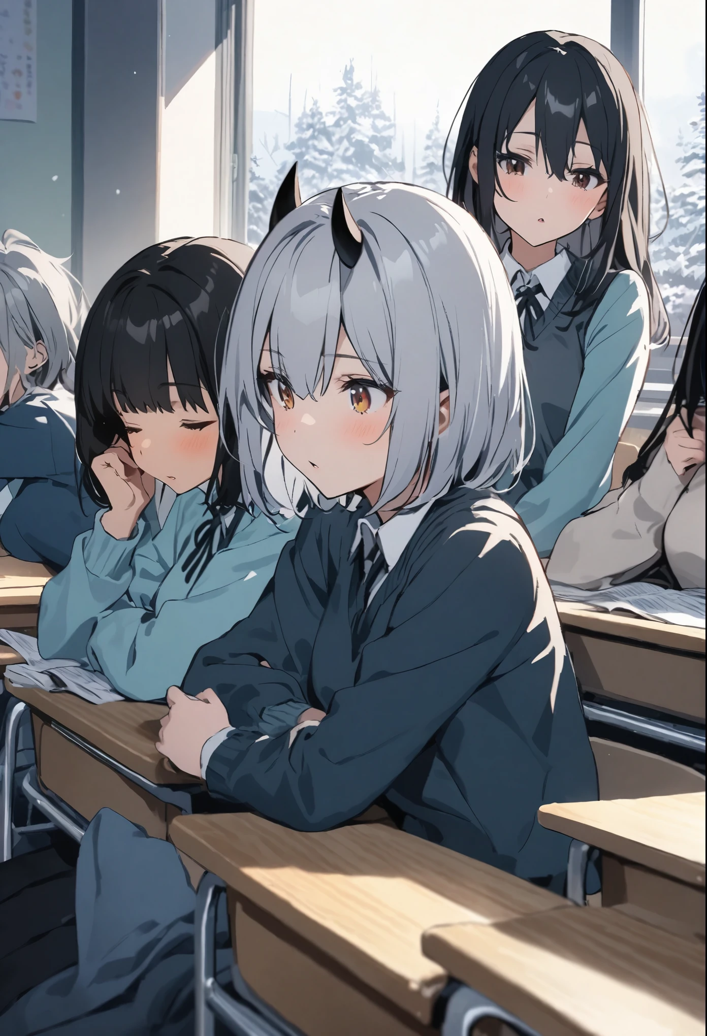 Three schoolgirls (one is black haired short hair, one has black long hair, one has horns and silver short hair) chilling in class, winter season, warm ambience.