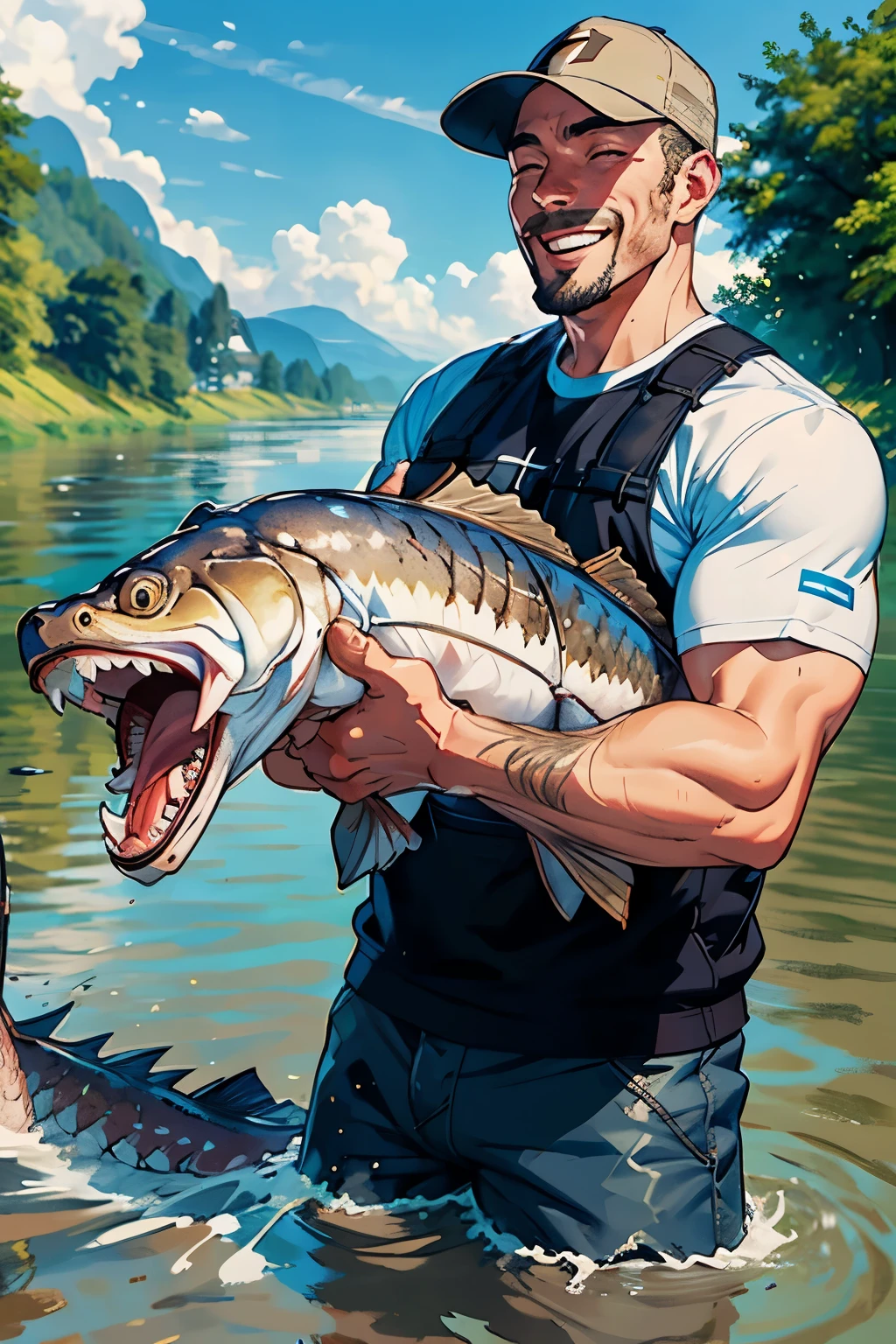 Beside a majestic river, an ecstatic fisherman tightly embracing a colossal catfish weighing well over a hundred pounds, capturing a jubilant moment in a photograph.