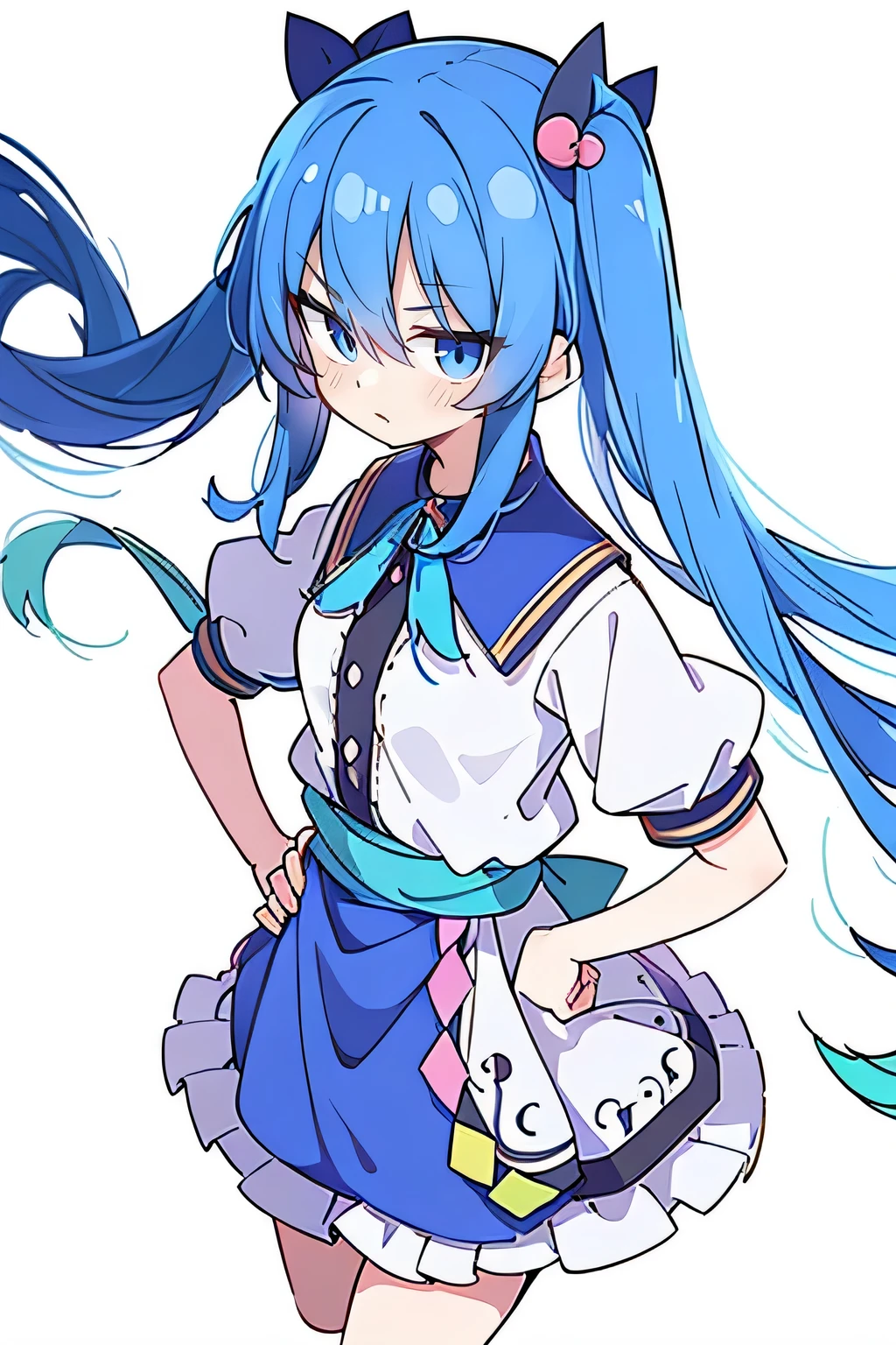 (masterpiece),best quality, expressive eyes, perfect face, 1girl,
 Put your hands on your waist,fair, Gorgeous,Japanese cartoons,girl,lola,Hina Angel, blue hair, blue haired, floating clothes,Grab your waist, Grab your waist, hands on hips , hands on hips,sit, sit on ground, Legs on the ground, flat chest