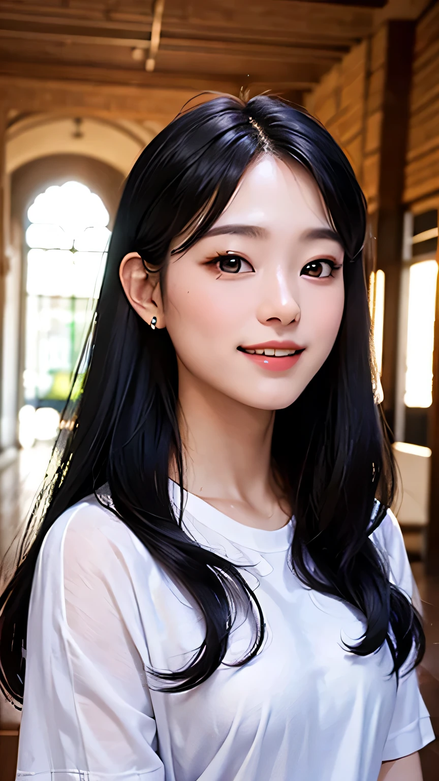 Best Quality,beautiful girl, princess, masterpiece, wide angle, smile, wearing a white shirt, lower clothes black, royal style, palace corridor background, 4k quality, fantasy, black hair, detail