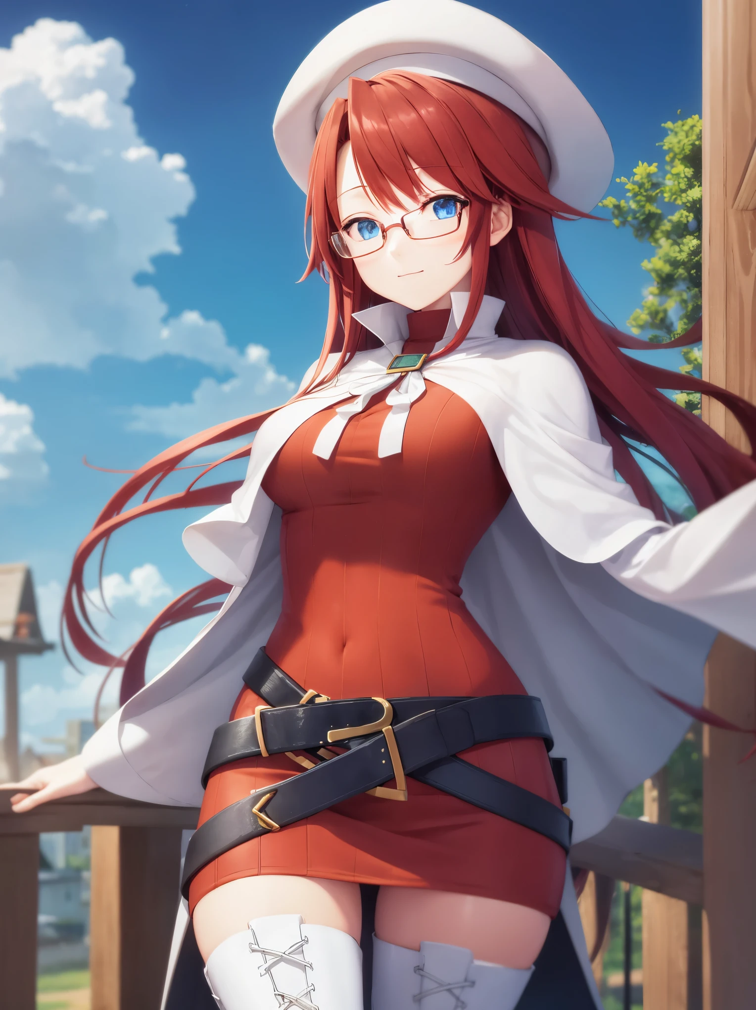 summonnightaty, aty, long hair, blue eyes, red hair, beret, hat, glasses,
BREAK long hair, thighhighs, hat, dress, boots, glasses, belt, cape, sweater, zettai ryouiki, beret, thigh boots, white footwear, ribbed sweater, loose belt,solo,
BREAK outdoors, fantasy_town,
BREAK (masterpiece:1.2), best quality, high resolution, unity 8k wallpaper, (illustration:0.8), (beautiful detailed eyes:1.6), extremely detailed face, perfect lighting, extremely detailed CG, (perfect hands, perfect anatomy),covered_nipples,covered_navel,light_smile ,(half_eyes:1.4),sword,armpit,sleepy,dynamic_standing,barrel,red_sweater,apart_legs,magical_effect,