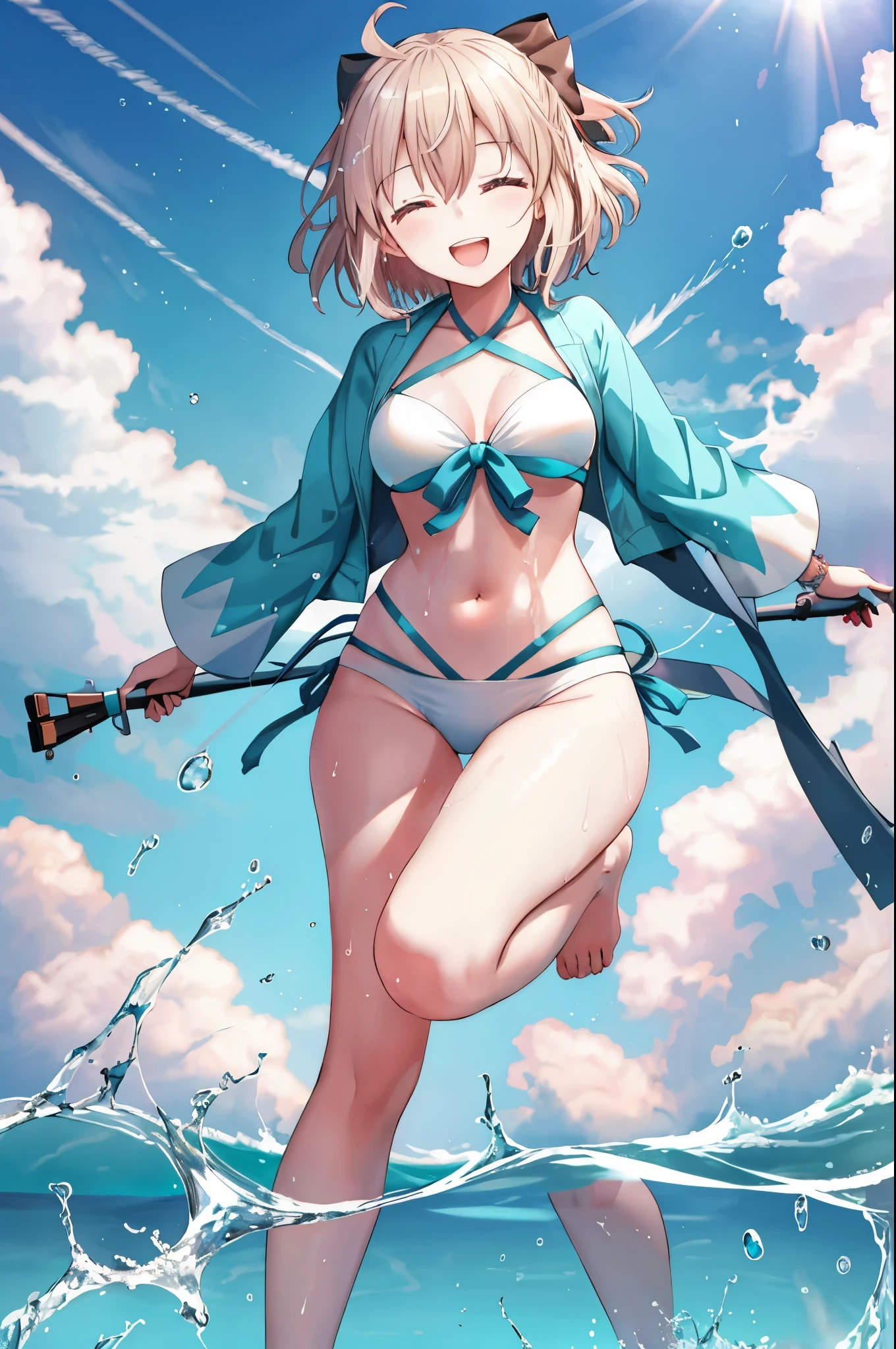 masterpiece, best quality,extremely detailed CG unity 8k wallpaper,
1girl,okita souji \(fate\), swimsuit,bikini,
 smile,open_mouth,dynamic_jumping,sunlight,splash_of_water,happy,closed_eyes,apart_legs,rising_knee,