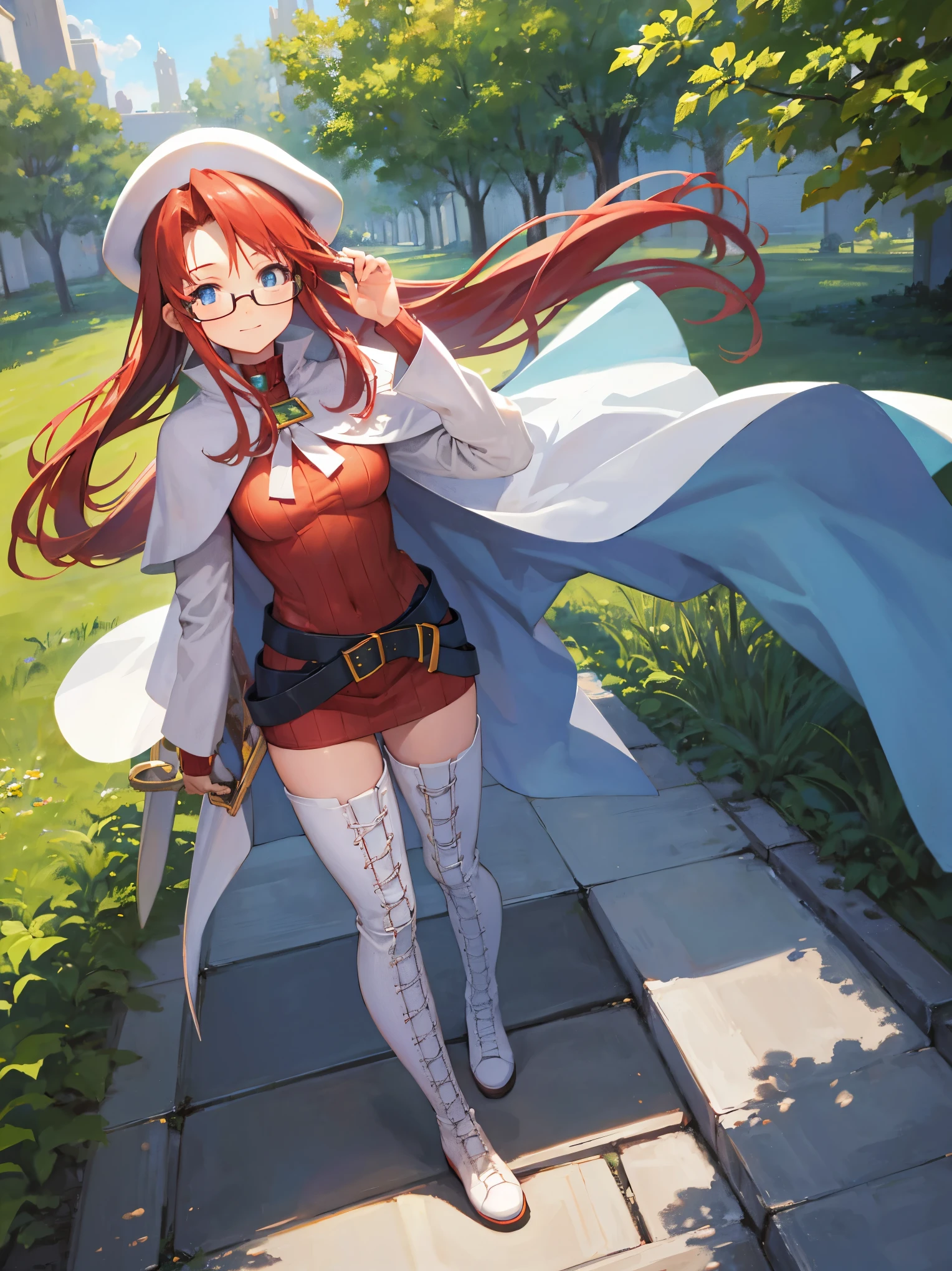 summonnightaty, aty, long hair, blue eyes, red hair, beret, hat, glasses,
BREAK long hair, thighhighs, hat, dress, boots, glasses, belt, cape, sweater, zettai ryouiki, beret, thigh boots, white footwear, ribbed sweater, loose belt,solo,
BREAK outdoors, fantasy_town,
BREAK (masterpiece:1.2), best quality, high resolution, unity 8k wallpaper, (illustration:0.8), (beautiful detailed eyes:1.6), extremely detailed face, perfect lighting, extremely detailed CG, (perfect hands, perfect anatomy),covered_nipples,covered_navel,light_smile ,(half_eyes:1.4),sword,armpit,sleepy,dynamic_standing,barrel,red_sweater,apart_legs,magical_effect,