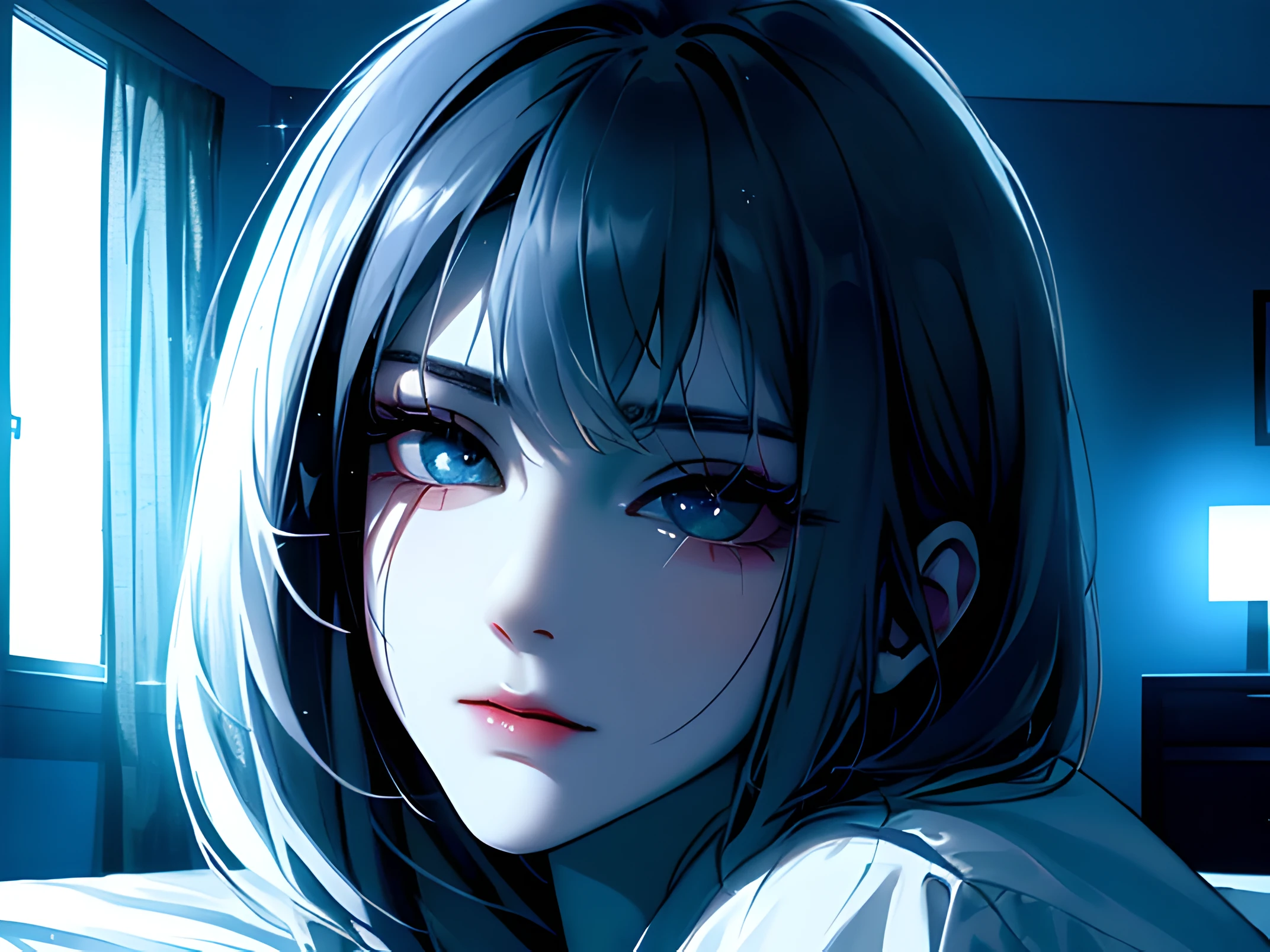 best quality Volumetric lighting Cool ambient light. 4K ultra-high resolution masterpiece (softly detailed face). Sitting on a bed in a bedroom with the lights off. (wears a white shirt) (elegant, sexy) (white skin) fine black hair (sparkling blue eyes )((in a dimly lit room))