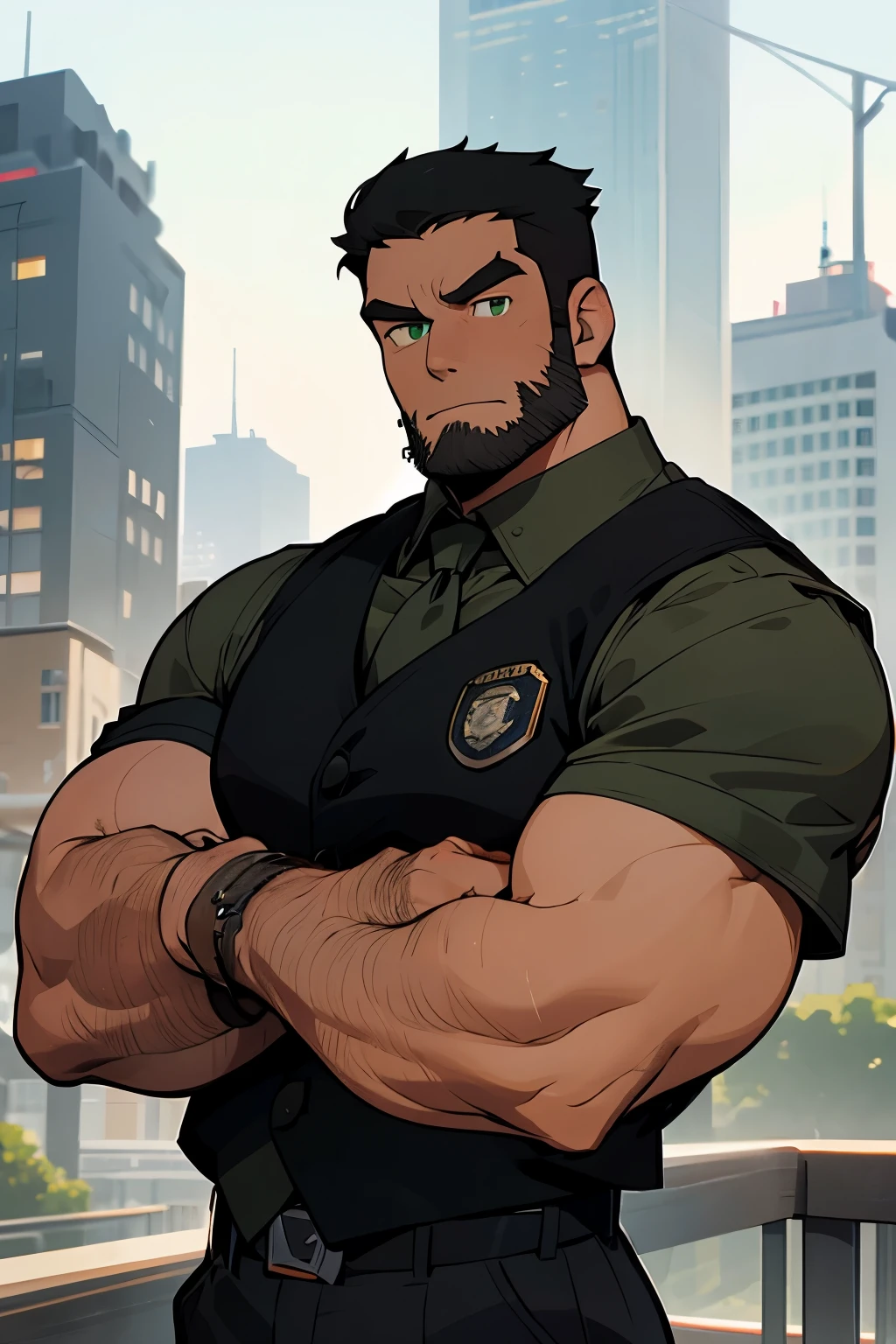 Best Quality, Masterpiece, Ultra-Detailed, 1man, solo, mature male, adult man, muscular, bara, hunk, strong, big, stud, black hair, black beard, thick beard, green eyes, brilliant eyes, black vest, ((police vest:1.0)), (militar vest), sleeveless vest, white shirt, short sleeve shirt, looking at the viewers, cowboy shot, urban background, city background