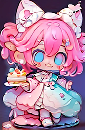 #Quality(8k,أفضل Quality,Masterpiece,Cinematic),Single, #1 girl(cute, kawaii,ddler,Pink hair,Blue eyes,Wearing Alice&#39;s dress,Flour ear,big eyes,He smiles,Eat cake),#background(basic,cute,Heart signs)