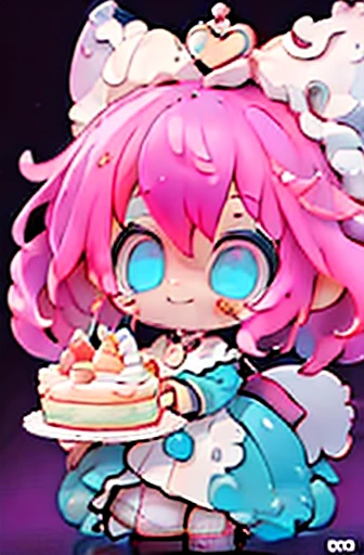 #Quality(8k,أفضل Quality,Masterpiece,Cinematic),Single, #1 girl(cute, kawaii,toddler,Pink hair,Blue eyes,Wearing Alice's dress,Flour ear,big eyes,He smiles,Eat cake),#background(basic,cute,Heart signs)
