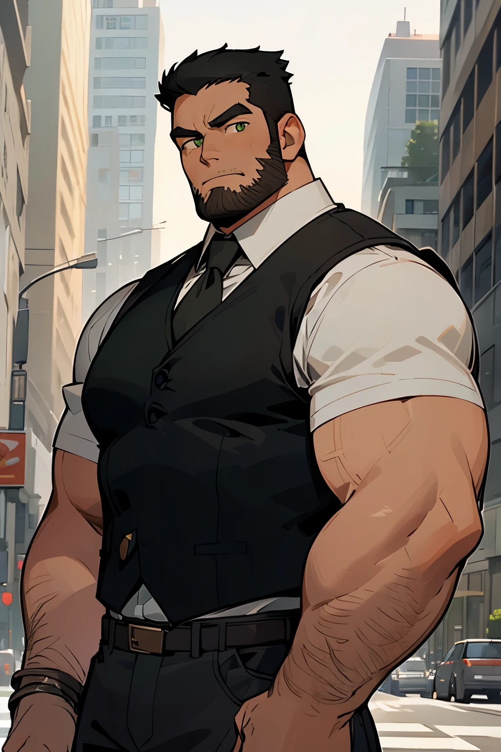 Best Quality, Masterpiece, Ultra-Detailed, 1man, solo, mature male, adult man, muscular, bara, hunk, strong, big, stud, black hair, black beard, thick beard, green eyes, brilliant eyes, black vest, ((police vest:1.0)), (militar vest), sleeveless vest, white shirt, short sleeve shirt, looking at the viewers, cowboy shot, urban background, city background