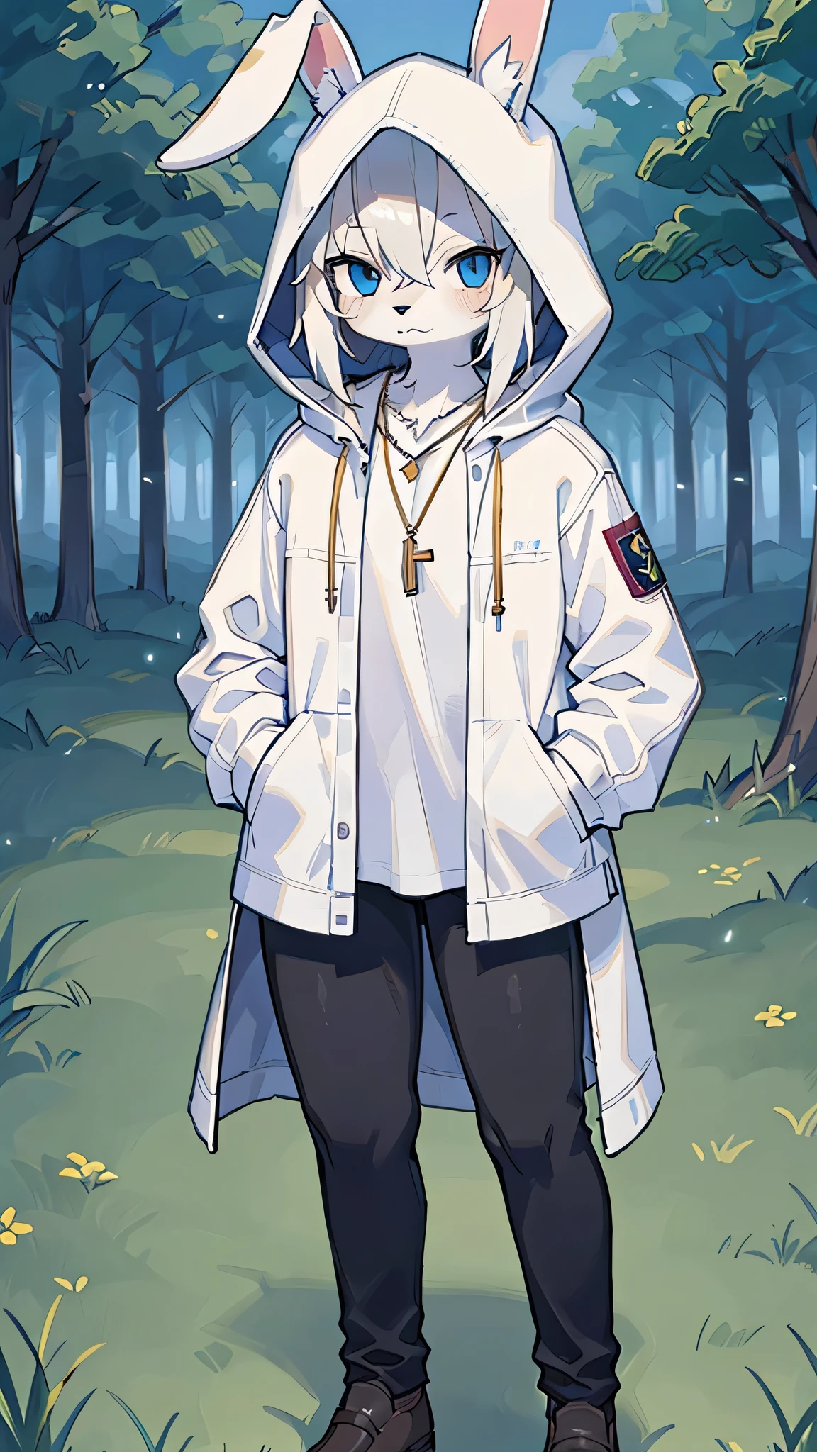 (masterpiece, highest quality), intricate details, 8k, White rabbit ears, whole body, one man, blue eyes, slender body shape, grassland, anime, tall height, white hair, white coat, black pants, furry, in the middle, No expression, Golden necklace, short hair, Are standing, Wearing a white hood, hands in pockets, Facing to the side