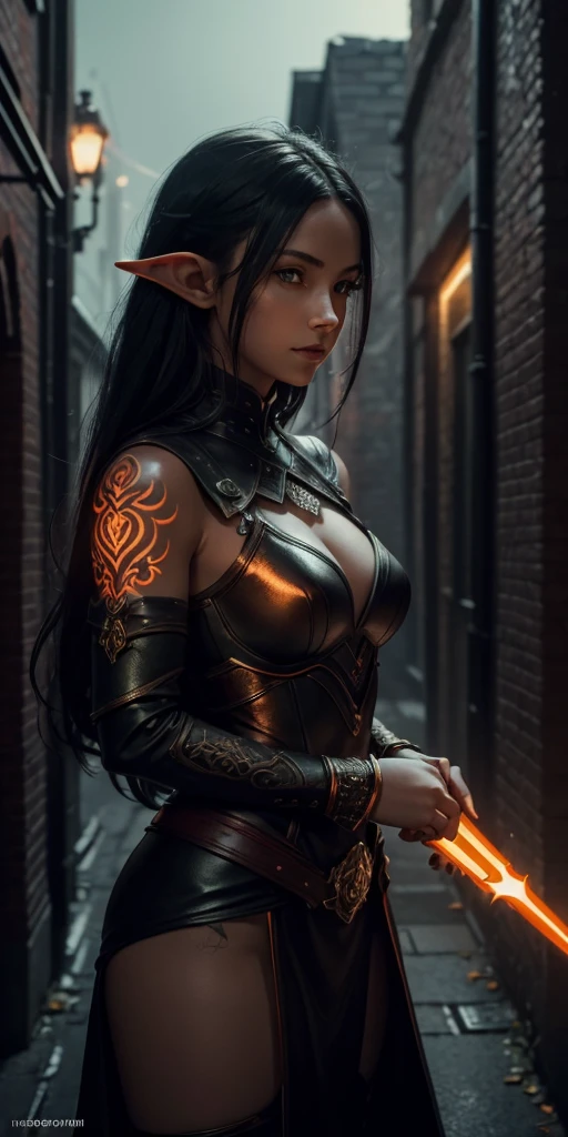 1girl, elf, female, masterpiece, extremly detailed, ((Cinematic orange lighting)), (glowing), ((dramatic lighting)), ((beautiful detailed glow)), ((faint orange light)), intricate detail, lens flare, black hair, long hair, tattoos, (red glow), red glowing tatoo, red tattoos, (simple), black leather cloth, leather armor, (black), light smile, green eyes, leaning, street, dark background, brick wall, floating hair, floating hair, looking at viewer, at night