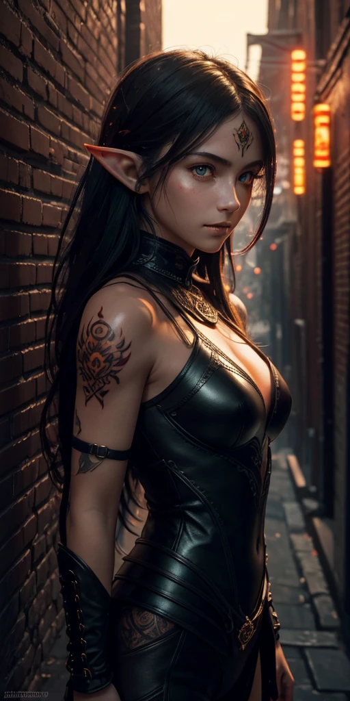 1girl, elf, female, masterpiece, extremly detailed, ((Cinematic orange lighting)), (glowing), ((dramatic lighting)), ((beautiful detailed glow)), ((faint orange light)), intricate detail, lens flare, black hair, long hair, tattoos, (red glow), red glowing tatoo, red tattoos, (simple), black leather cloth, leather armor, (black), light smile, green eyes, leaning, street, dark background, brick wall, floating hair, floating hair, looking at viewer, at night