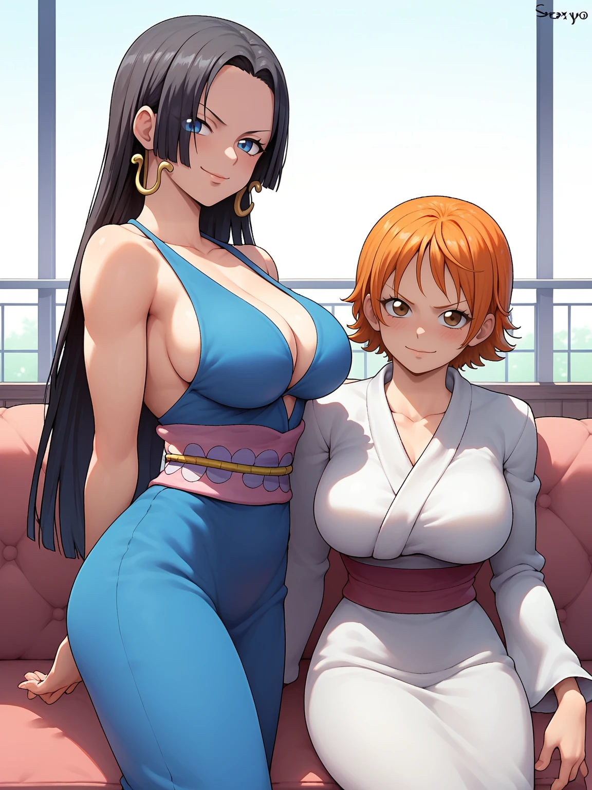 score_9,score_8_up,score_7_up,rating: general,girls, duo, long hair,breasts,looking at viewer,blush,tits, closed mouth,shexyo, shexyo style, boa hancock, couch, balcony, fancy couch, white couch, one piece, fancy, underwear, smirk, smug, tits, nami, nami and boa hanock, nami (short hair, orange hair, brown eyes), boa hancock (black hair, blue eyes, long hair)
