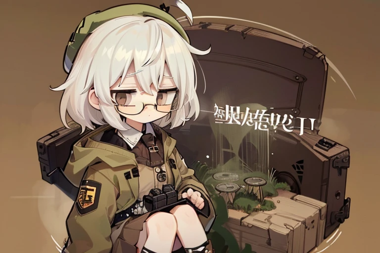 long ahoge,shirt,White hair,Brown eyes,circle-glasses,Brown tie,brown skirt,dark green beret,Dark green jacket,girl with,steampunkai,sleepeace,retro city background,#jitome#concept