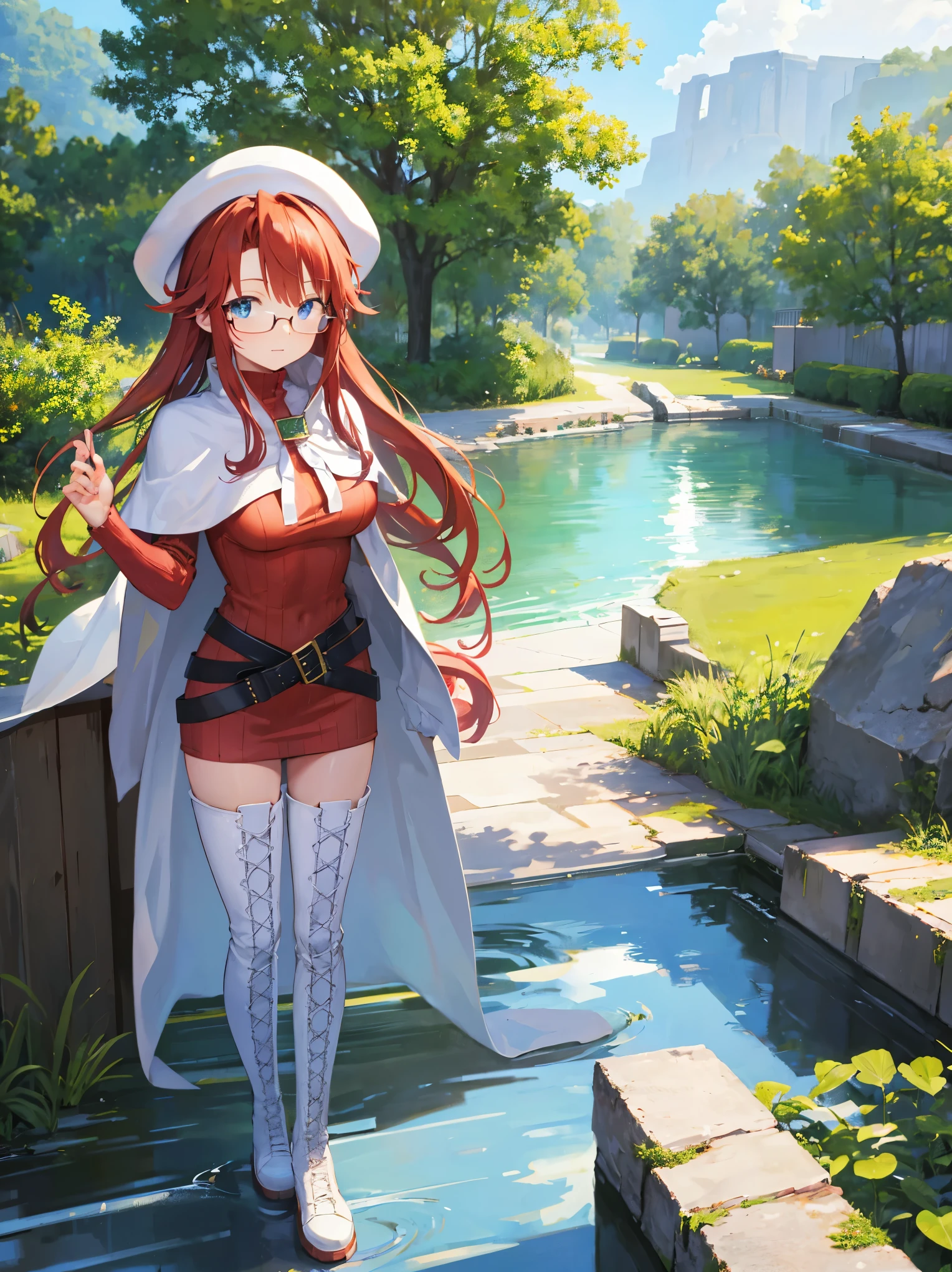 summonnightaty, aty, long hair, blue eyes, red hair, beret, hat, glasses,
BREAK long hair, thighhighs, hat, dress, boots, glasses, belt, cape, sweater, zettai ryouiki, beret, thigh boots, white footwear, ribbed sweater, loose belt,solo,
BREAK outdoors, fantasy_town,
BREAK (masterpiece:1.2), best quality, high resolution, unity 8k wallpaper, (illustration:0.8), (beautiful detailed eyes:1.6), extremely detailed face, perfect lighting, extremely detailed CG, (perfect hands, perfect anatomy),covered_nipples,covered_navel,light_smile ,(half_eyes:1.4),sword,armpit,sleepy,dynamic_standing,barrel,red_sweater,apart_legs,magical_effect,