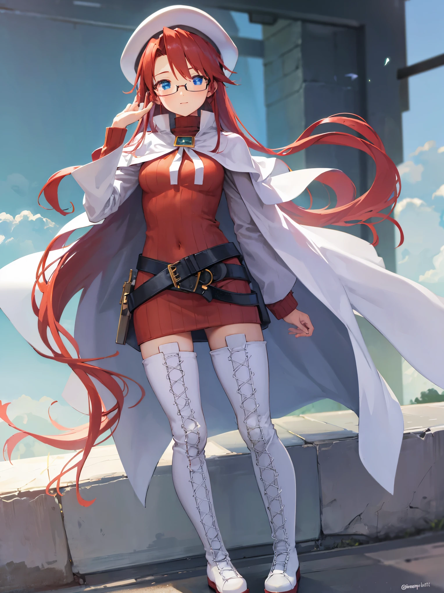 summonnightaty, aty, (young:1.3),long hair, blue eyes, red hair, large_beret, hat, glasses,
BREAK long hair, thighhighs, hat, dress, boots, glasses, belt, cape, sweater, zettai ryouiki, beret, thigh boots, white footwear, ribbed sweater, loose belt,solo,
BREAK outdoors, fantasy,on_cobblestone
,
BREAK (masterpiece:1.2), best quality, high resolution, unity 8k wallpaper, (illustration:0.8), (beautiful detailed eyes:1.6), extremely detailed face, perfect lighting, extremely detailed CG, (perfect hands, perfect anatomy),covered_nipples,covered_navel,light_smile ,(half_eyes:1.4),long_sword,armpit,sleepy,dynamic_fighting_pose,barrel,red_sweater,apart_legs,magical_effect,spread_legs, have_a_book,teacher,rise_knee,kind_face