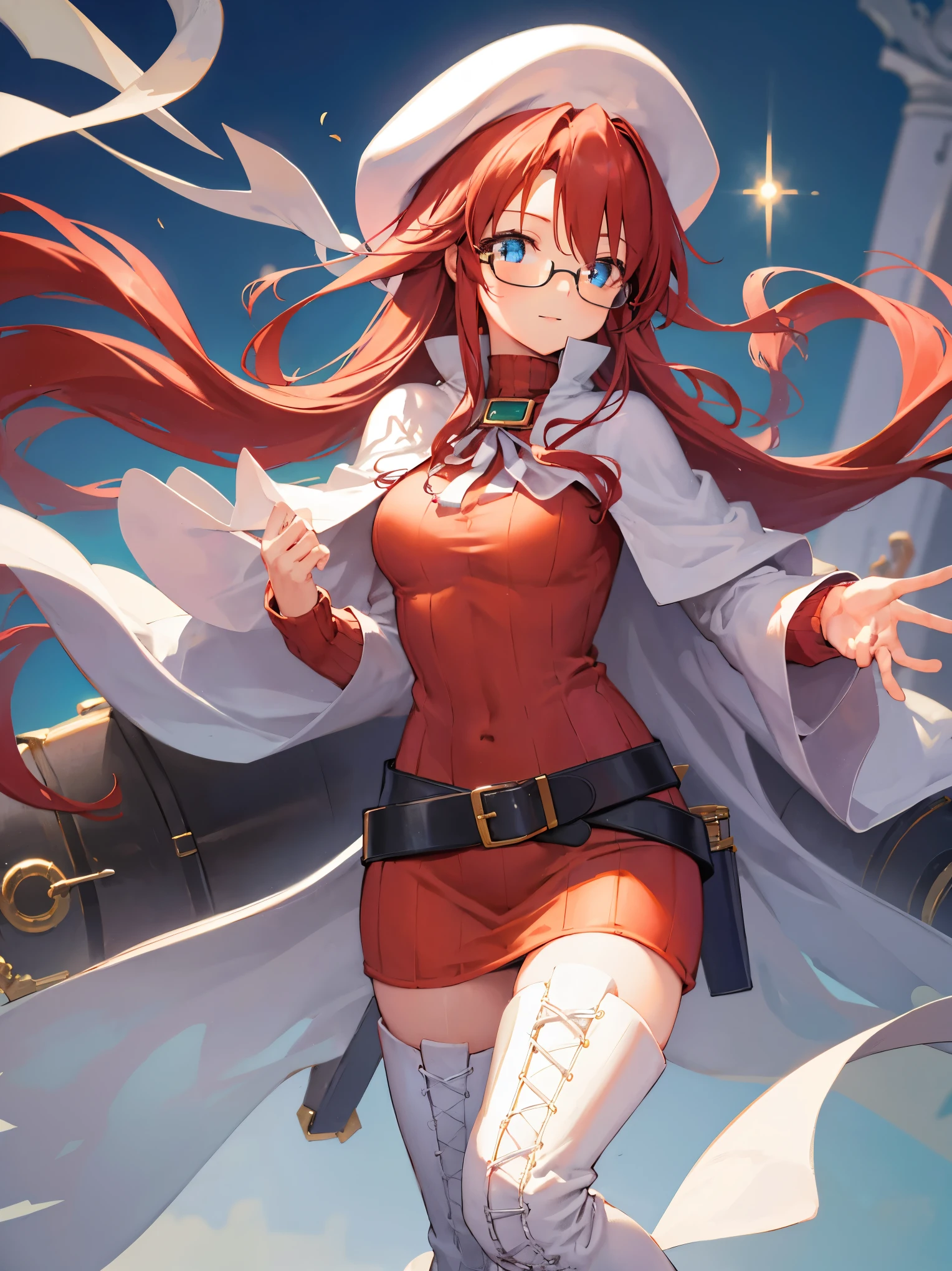 summonnightaty, aty, (young:1.3),long hair, blue eyes, red hair, large_beret, hat, glasses,
BREAK long hair, thighhighs, hat, dress, boots, glasses, belt, cape, sweater, zettai ryouiki, beret, thigh boots, white footwear, ribbed sweater, loose belt,solo,
BREAK outdoors, fantasy,on_beach
,Highquality_hads,perfect_fingers,
BREAK (masterpiece:1.2), best quality, high resolution, unity 8k wallpaper, (illustration:0.8), (beautiful detailed eyes:1.6), extremely detailed face, perfect lighting, extremely detailed CG, (perfect hands, perfect anatomy),covered_nipples,covered_navel ,half_eyes,long_sword,sleepy,standing,red_sweater,apart_knees,magical_effect,spread_legs, have_a_book,teacher,rise_knee,Smile,rise_hand,look_down_viewer,spread_arms,