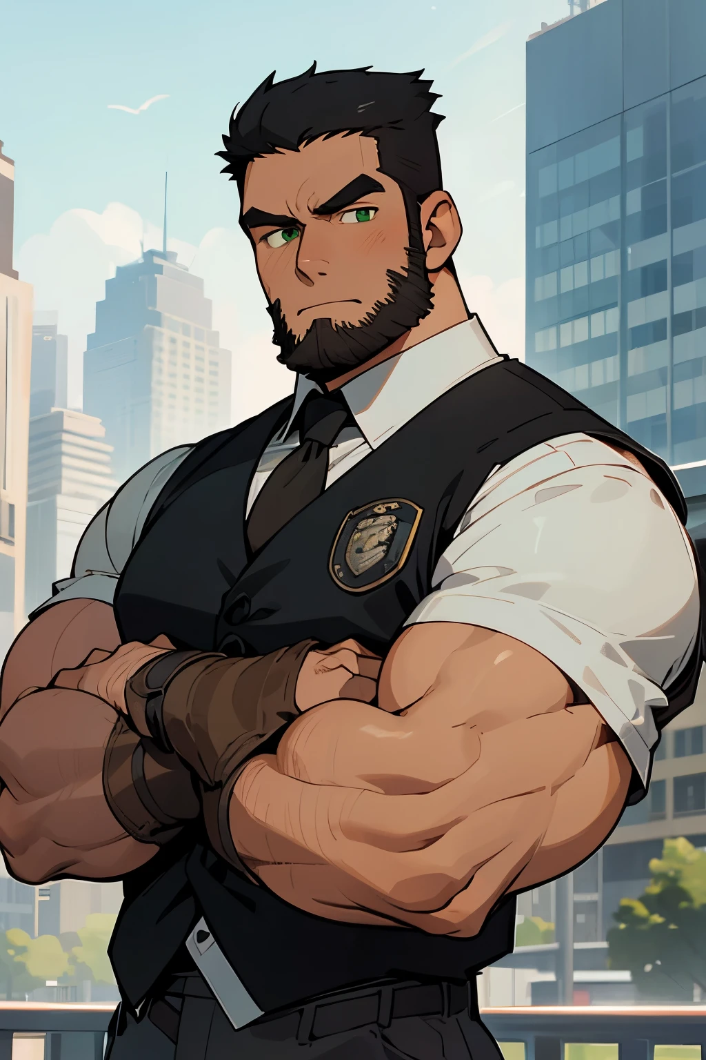 Best Quality, Masterpiece, Ultra-Detailed, 1man, solo, mature male, adult man, muscular, bara, hunk, strong, big, stud, black hair, black beard, thick beard, green eyes, brilliant eyes, black vest, ((police vest:1.0)), (militar vest), sleeveless vest, white shirt, short sleeve shirt, looking at the viewers, cowboy shot, urban background, city background