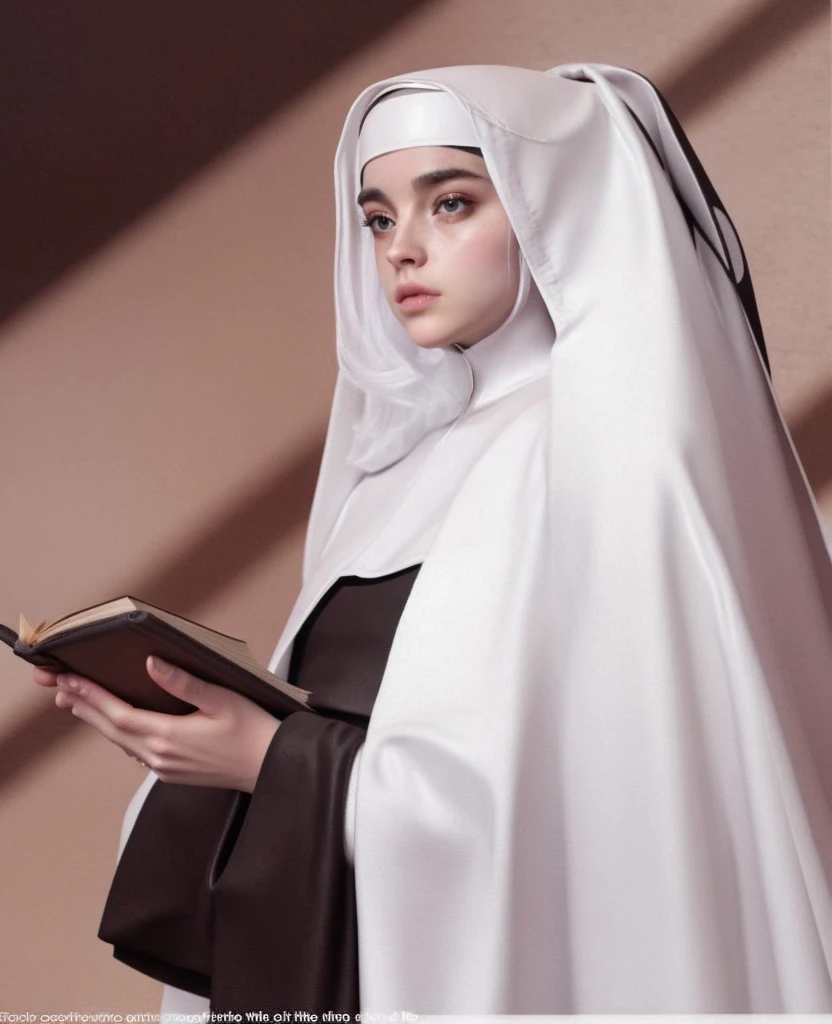 a close up of a woman in a nun's robe holding a book, nun fashion model, nun, nun fashion model looking up, nun outfit, billie eilish as a nun, karol bak of emma watson nun, billie eilish as a sad nun, by Antonio Ciseri, religious robes, majestic saint woman, wearing white robes, 1962