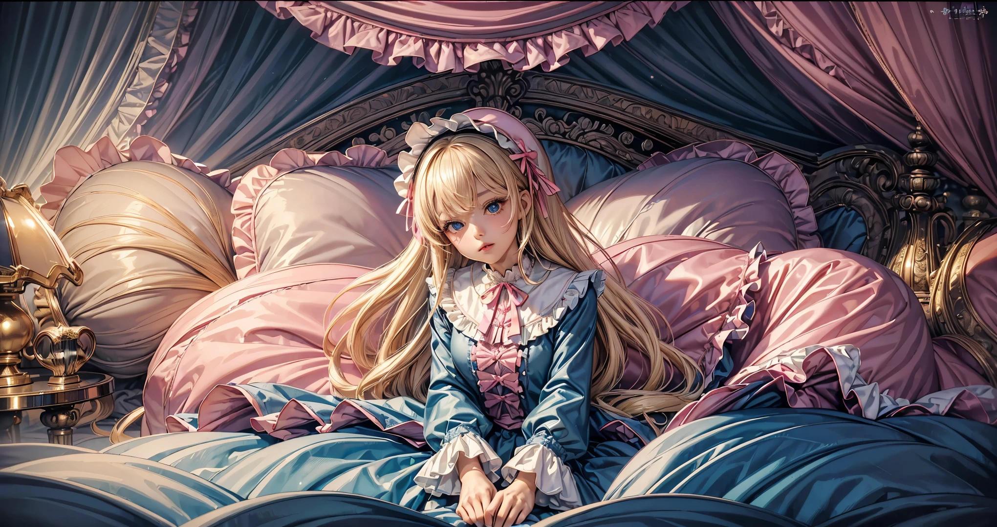 ,highest quality, masterpiece, highest resolution, artwork, super それにget used to it, many get used to it, get used to it, それにget used to it, 3K anime illustration,(( girl)),Super detailed baby face,hty small face,blue eyes,白い肌のeuropean,pajamas, european,(((super long blonde hair))),curly hair,blue eyes,((((ピンクのロリータファッションのlong skirtのワンピースドレス)))),((Pink nightgown with lots of frills and ribbons),((Luxurious nightcap with frills and ribbons)),detailed headdress,,(((big yoke collar))),Yoke collar with ruffles and ribbons,((((long sleeve)))),ruffle sleeves,((((long skirt)))),white ruffle and lace socks,large frill and ribbon pillow,(((Nice pink outfit))),豪華なcanopy bedの上,canopy bed,The bed is surrounded by luxurious curtains,many frilly pillows on the bed,There are many frilly pillows behind the girl.,super detailed background,detailed bed,soft pink comforter,Highly detailed soft ruffle pillow,Beautiful girl illustration,detailed beautiful face,thin hair,detailed eye ,detailed eyes,detailed mouth, arm details,fine hands,Detailed pillow,wide bed,Illustration on the bed, ,((((round futon)))),((((A large ruffled futon that covers the entire bed)))),detailed comforter,detailed bedシーツ,Before bedtime,romantic atmosphere,palace bedroom,((((The lower half of the body is hidden under the futon and the puffy skirt........)))) The girl is leaning on a pile of pillows, ,((((round futon)))),((((A large ruffled futon that covers the entire bed)))),((((not wearing shoes)))),