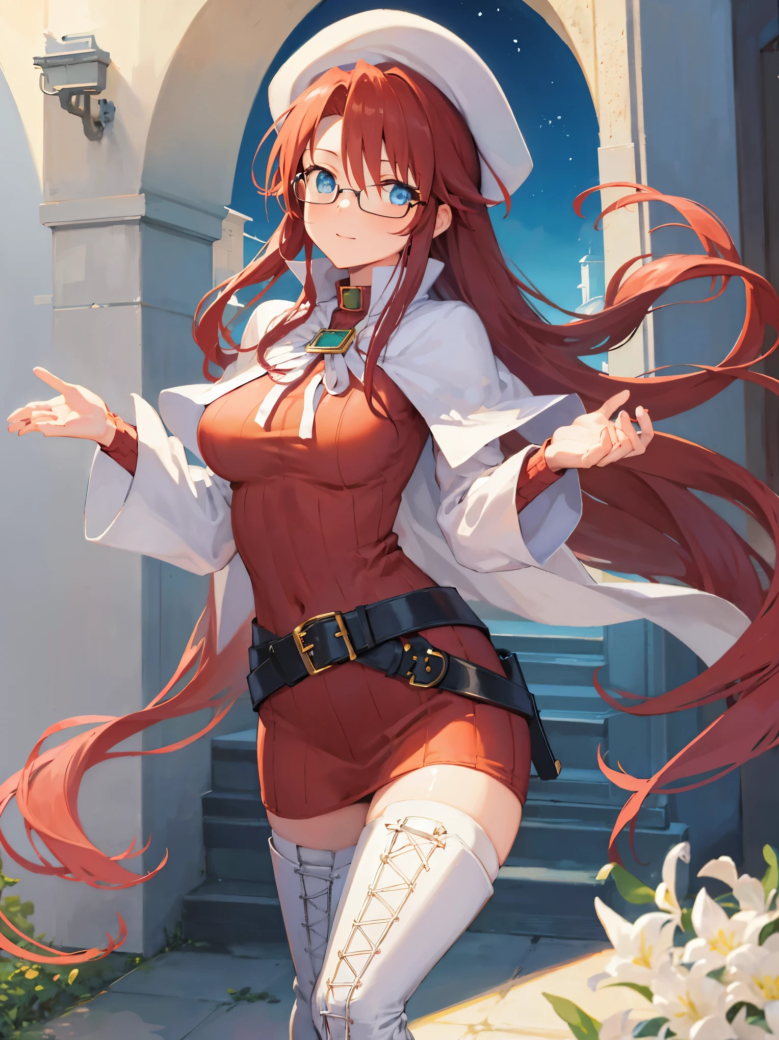 summonnightaty, aty, long hair, blue eyes, red hair, beret, hat, glasses,
BREAK long hair, thighhighs, hat, dress, boots, glasses, belt, cape, sweater, zettai ryouiki, beret, thigh boots, white footwear, ribbed sweater, loose belt,solo,
BREAK outdoors, fantasy_town,
BREAK (masterpiece:1.2), best quality, high resolution, unity 8k wallpaper, (illustration:0.8), (beautiful detailed eyes:1.6), extremely detailed face, perfect lighting, extremely detailed CG, (perfect hands, perfect ???????),(covered_nipples:1.3),covered_navel,light_smile,dynamic_posing ,walking,(half_eyes:1.2),light_open_mouth,sword,armpit,sleepy,