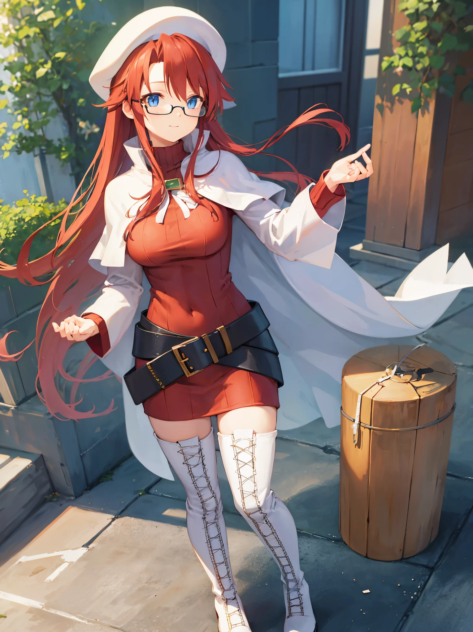summonnightaty, aty, long hair, blue eyes, red hair, beret, hat, glasses,
BREAK long hair, thighhighs, hat, dress, boots, glasses, belt, cape, sweater, zettai ryouiki, beret, thigh boots, white footwear, ribbed sweater, loose belt,solo,
BREAK outdoors, fantasy_town,
BREAK (masterpiece:1.2), best quality, high resolution, unity 8k wallpaper, (illustration:0.8), (beautiful detailed eyes:1.6), extremely detailed face, perfect lighting, extremely detailed CG, (perfect hands, perfect ???????),covered_nipples,covered_navel,light_smile ,(half_eyes:1.4),sword,armpit,sleepy,dynamic_standing,barrel,red_sweater,apart_legs,magical_effect,